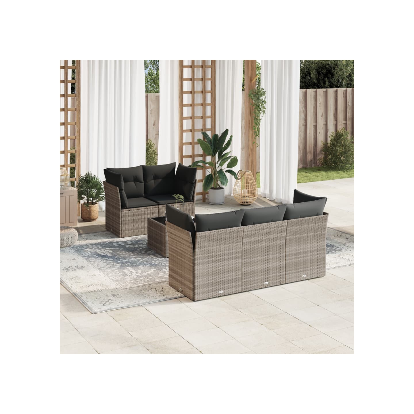 Salon de jardin 6 pcs avec coussins gris clair résine tressée