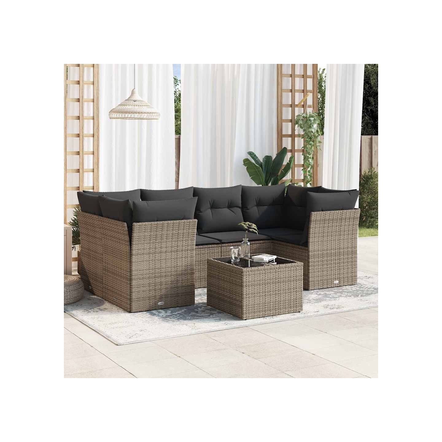 Salon de jardin avec coussins 7 pcs gris résine tressée