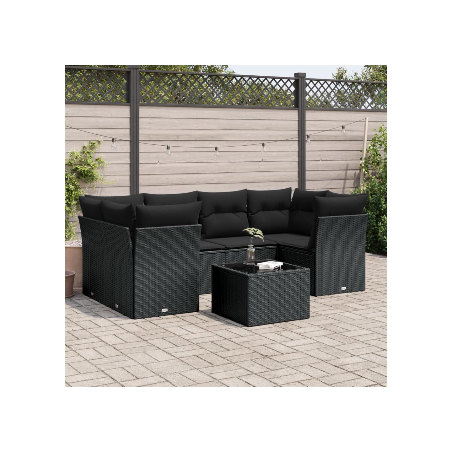 Salon de jardin 7 pcs avec coussins noir résine tressée