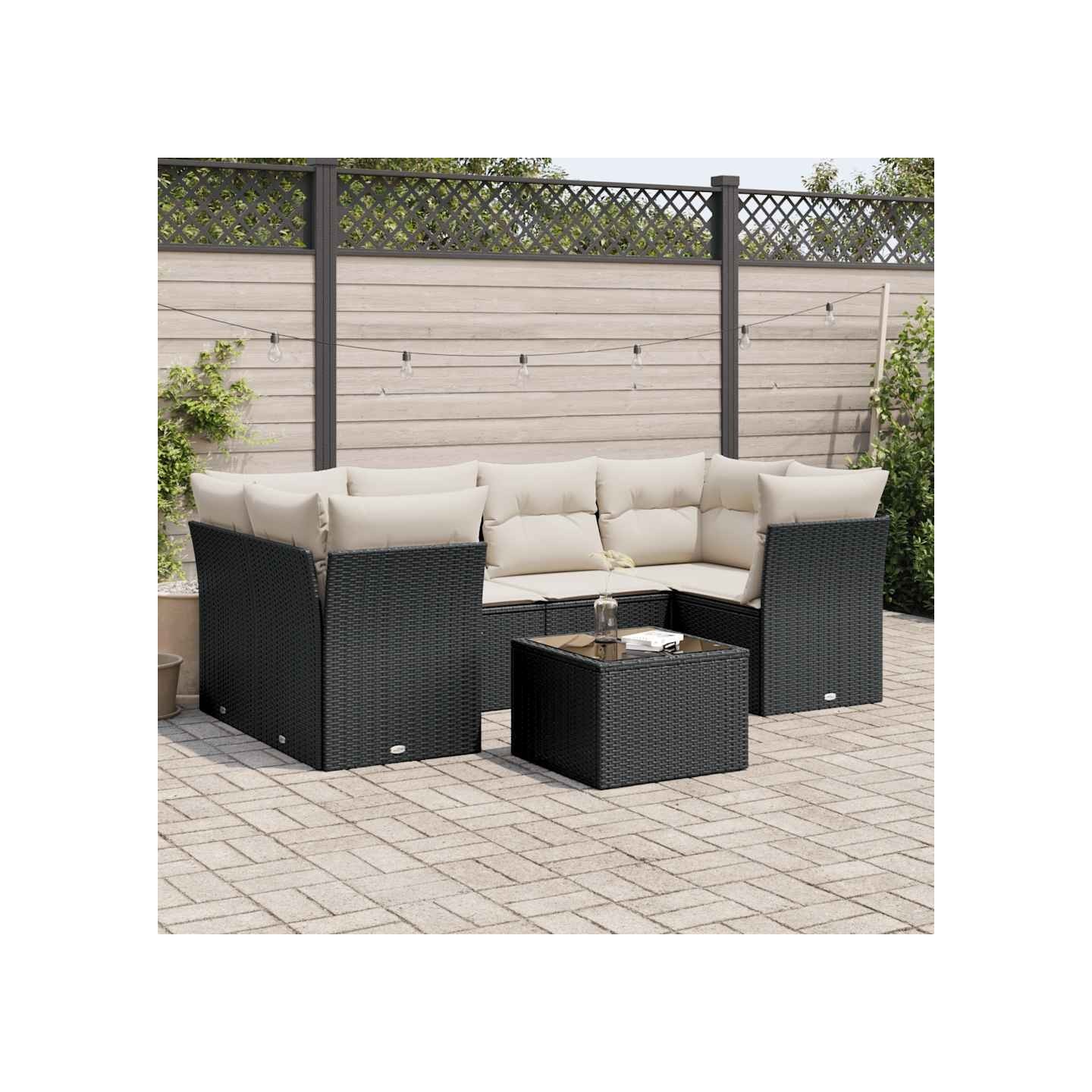 Salon de jardin 7 pcs avec coussins noir résine tressée