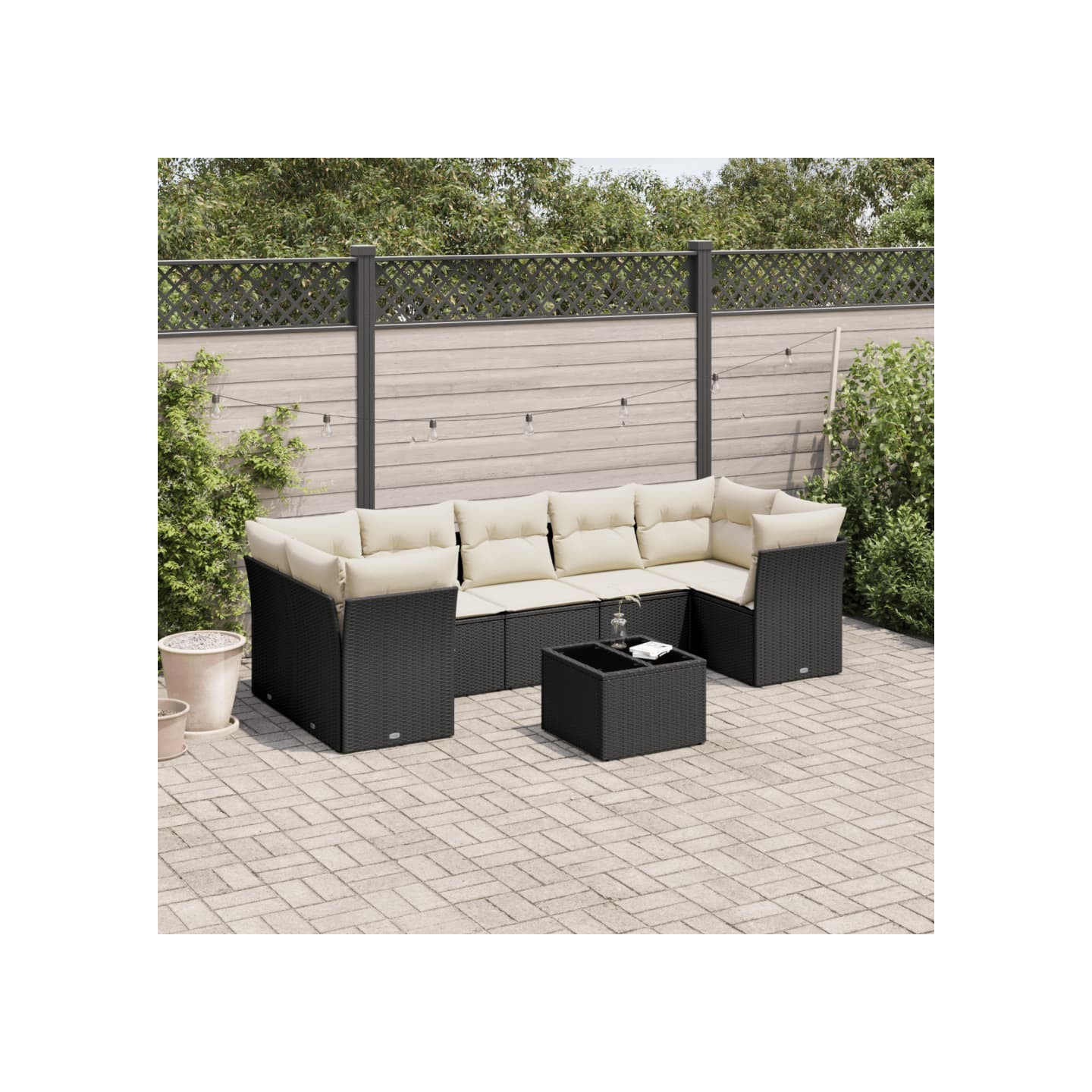 Salon de jardin 8 pcs avec coussins noir résine tressée