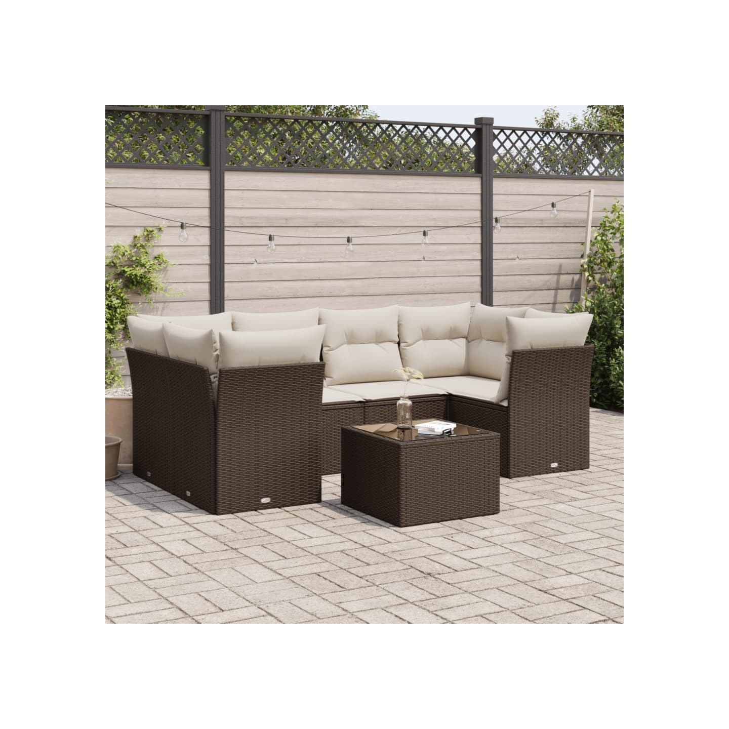Salon de jardin avec coussins 7 pcs marron résine tressée