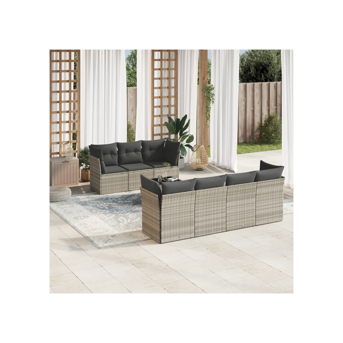 Salon de jardin 8 pcs avec coussins gris clair résine tressée