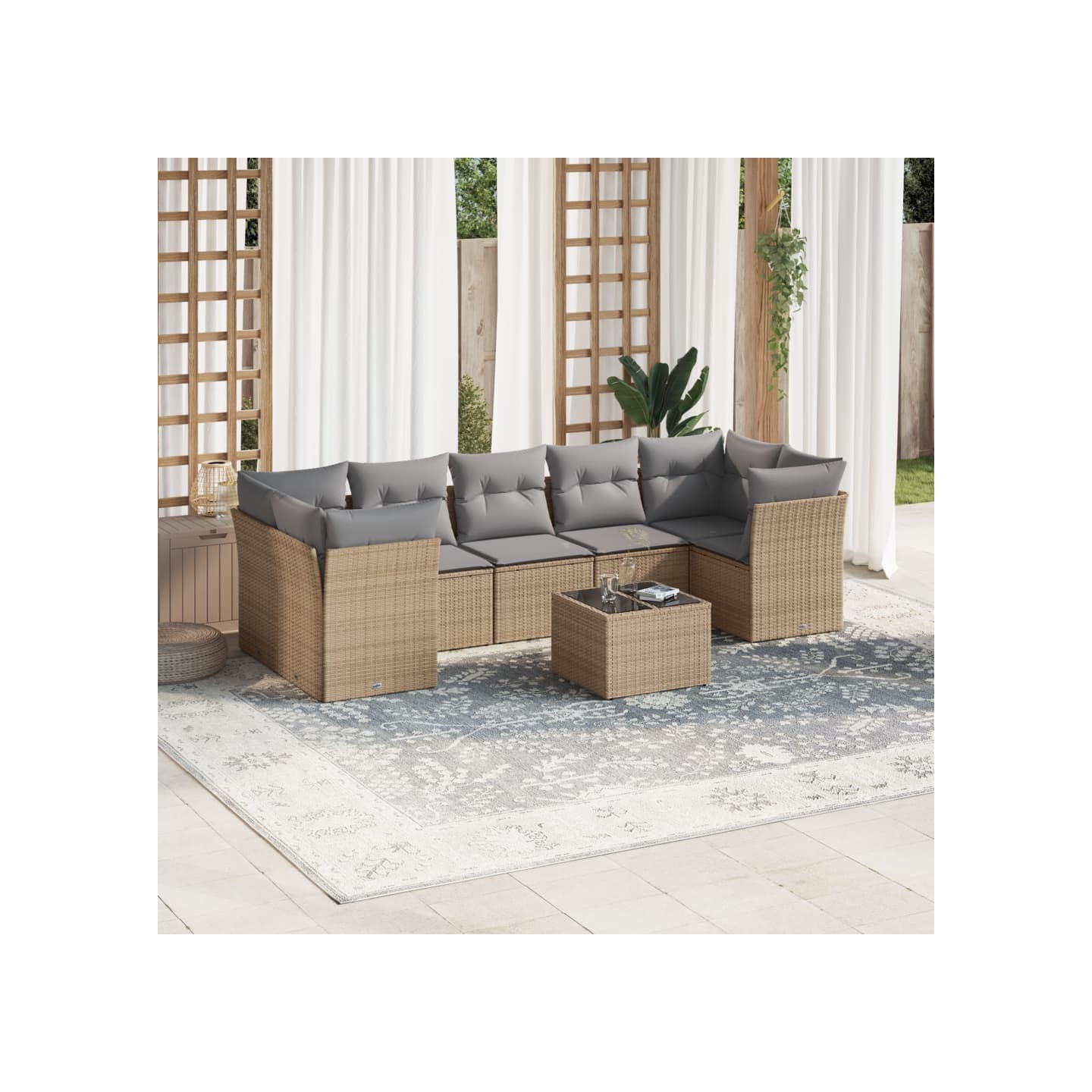 Salon de jardin avec coussins 8 pcs beige résine tressée