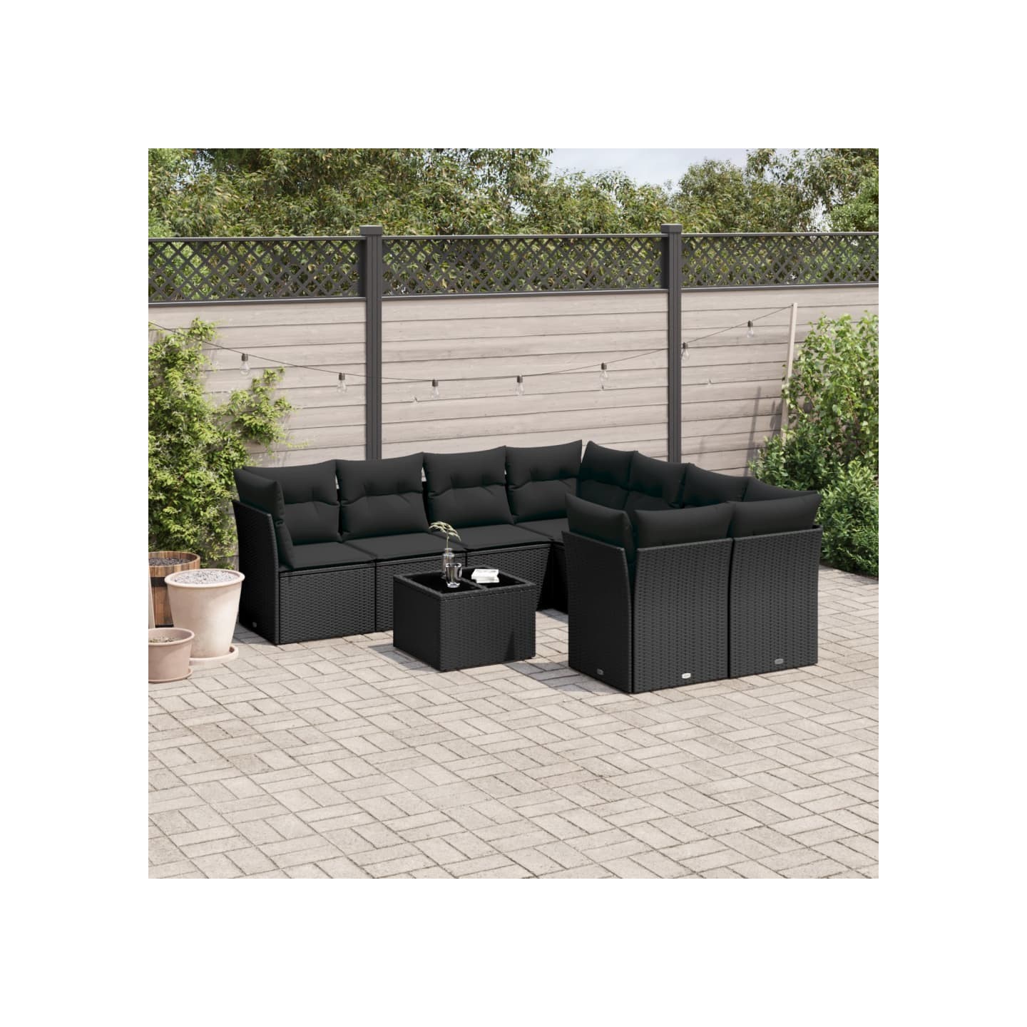 Salon de jardin 9 pcs avec coussins noir résine tressée