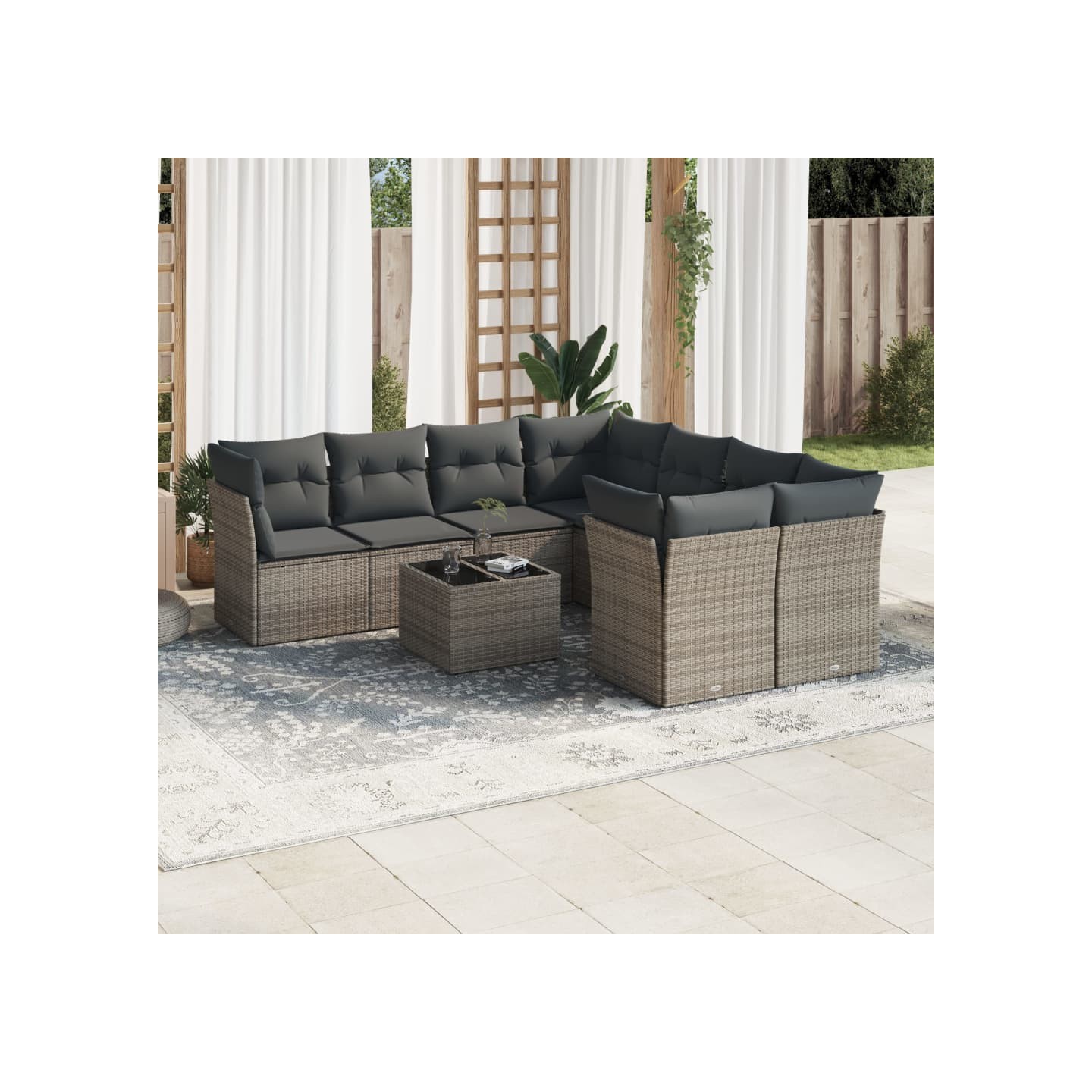 Salon de jardin 9 pcs avec coussins gris résine tressée