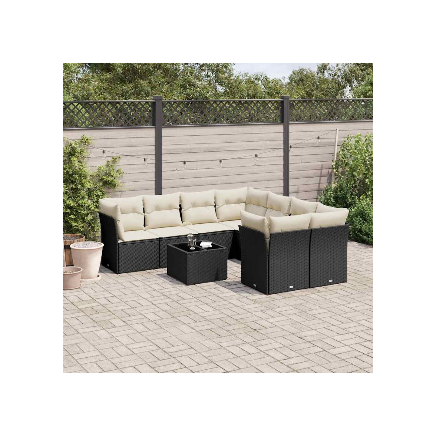 Salon de jardin 9 pcs avec coussins noir résine tressée