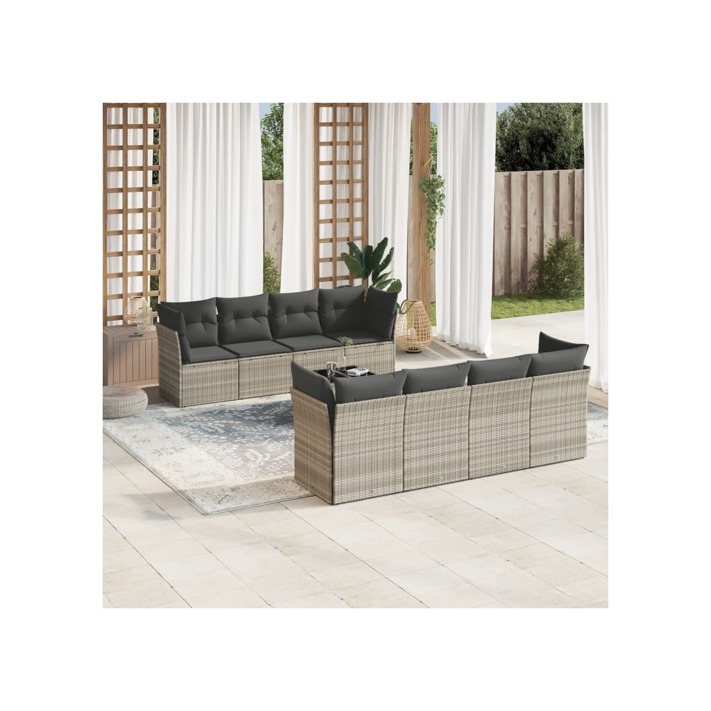 Salon de jardin 9 pcs avec coussins gris clair résine tressée