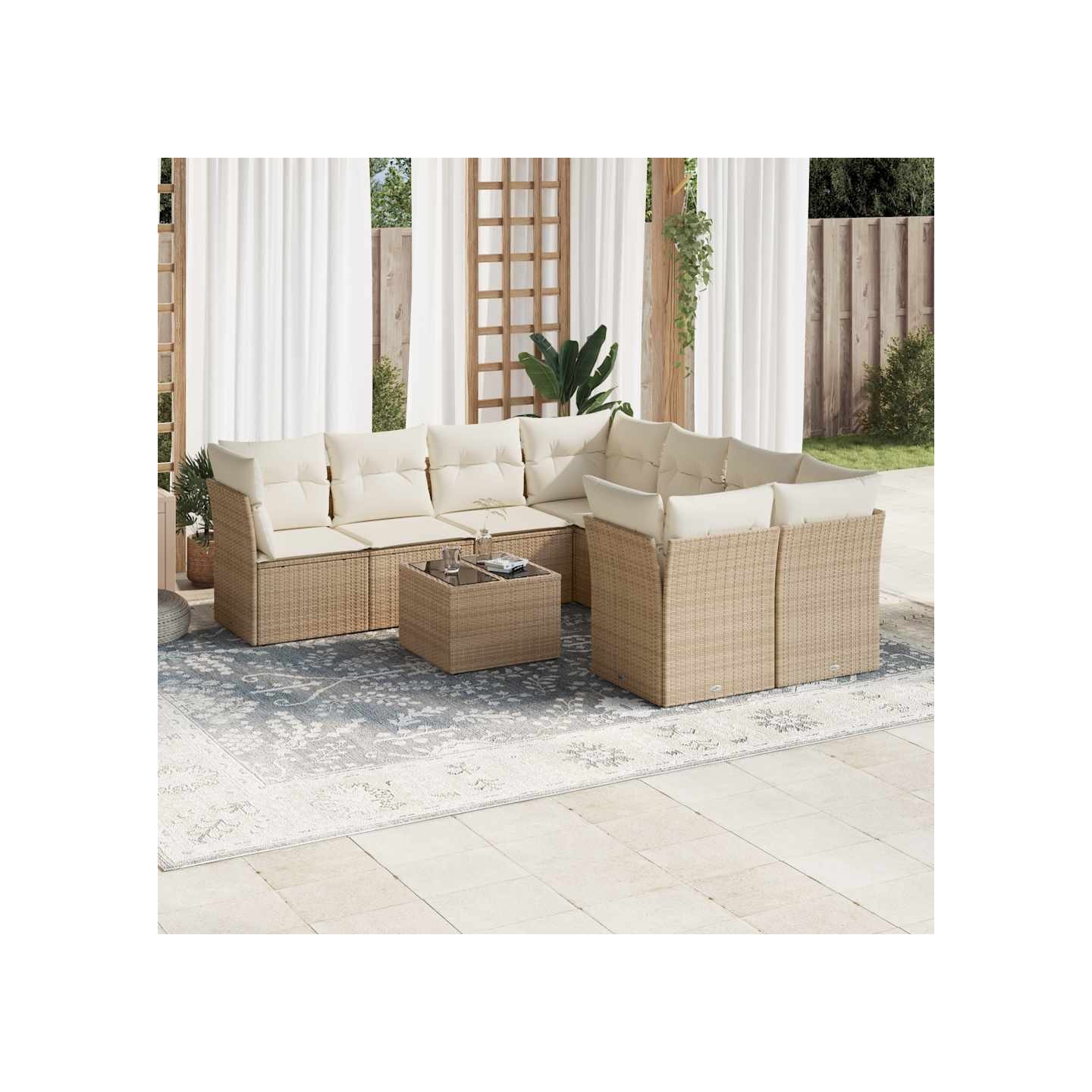 Salon de jardin avec coussins 9 pcs beige résine tressée