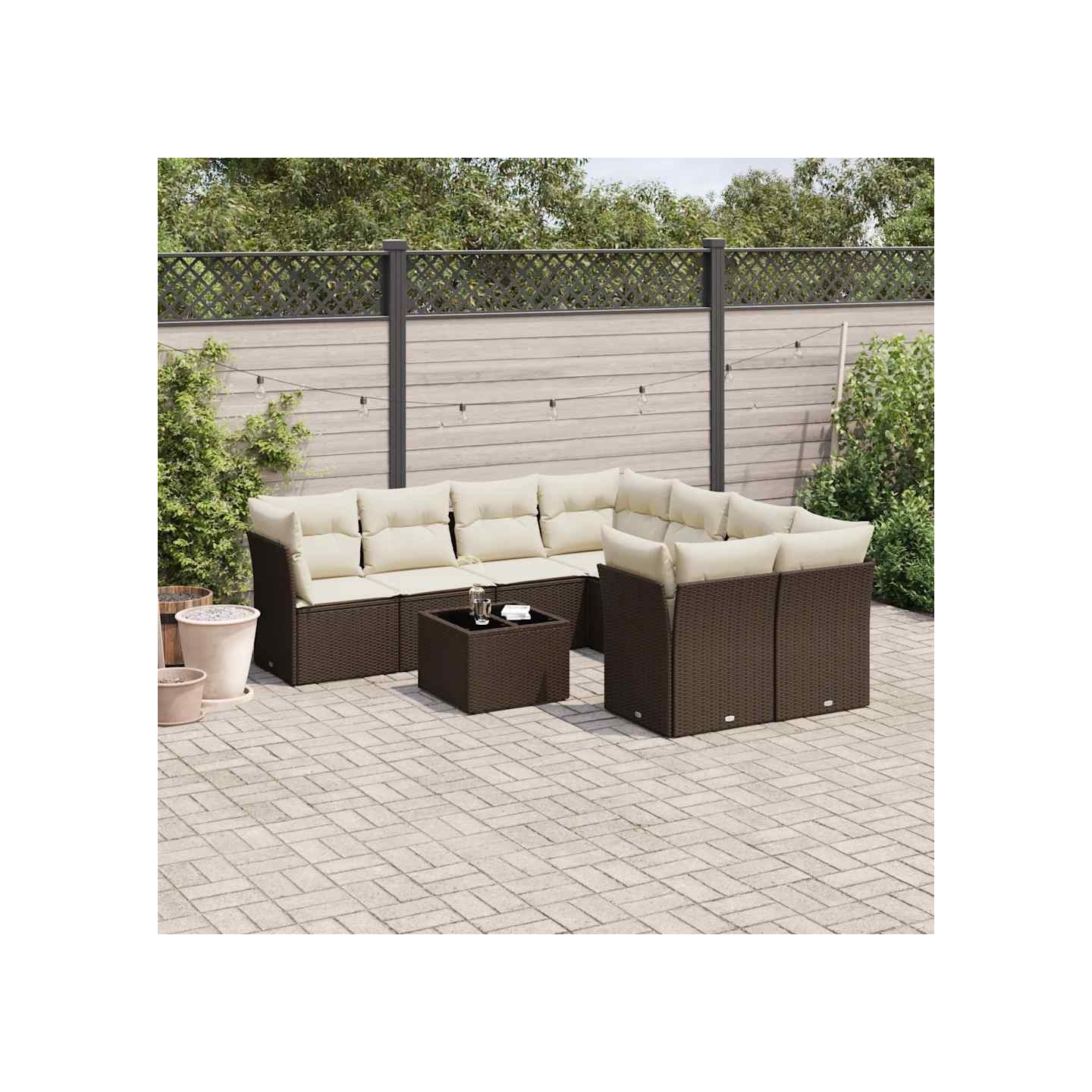 Salon de jardin avec coussins 9 pcs marron résine tressée