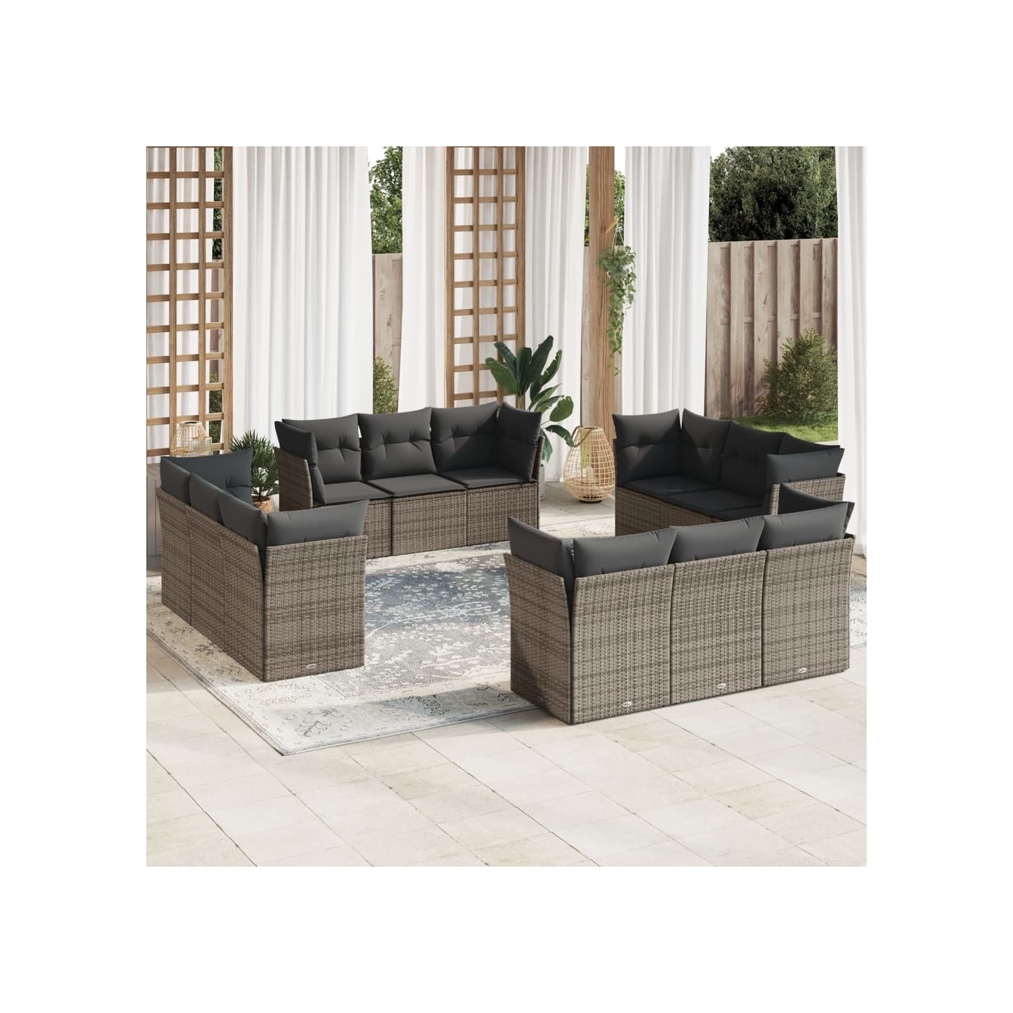 Salon de jardin avec coussins 12 pcs gris résine tressée