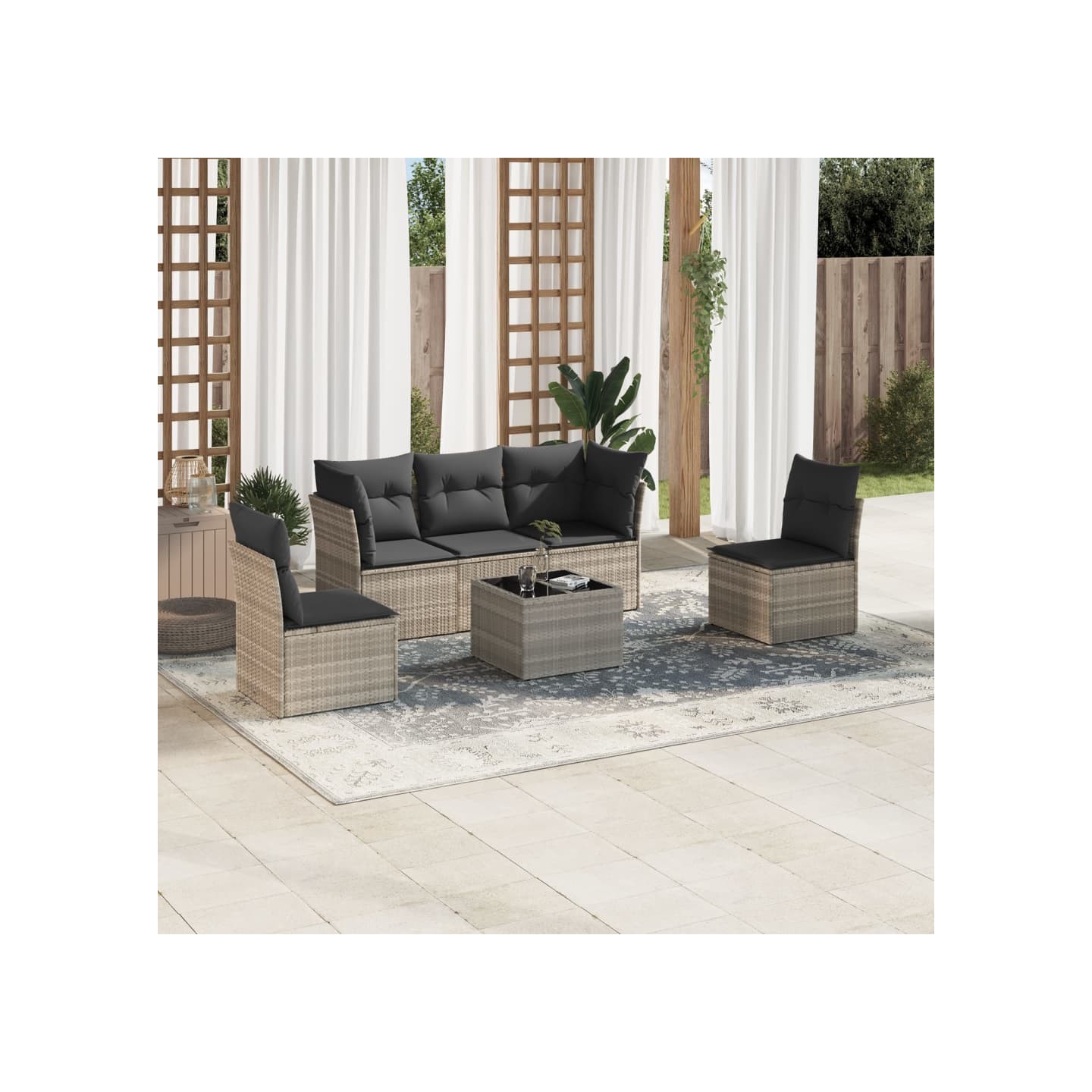 Salon de jardin 6 pcs avec coussins gris clair résine tressée