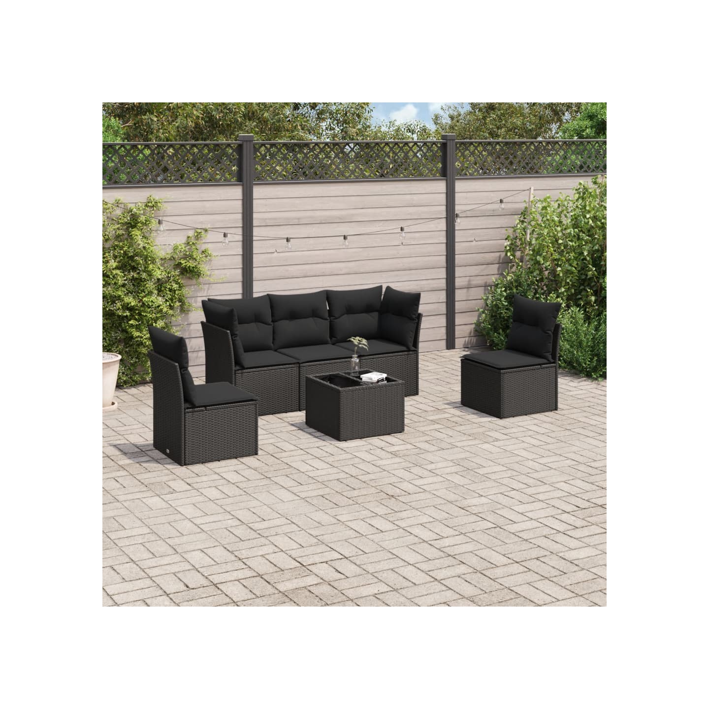 Salon de jardin 6 pcs avec coussins noir résine tressée