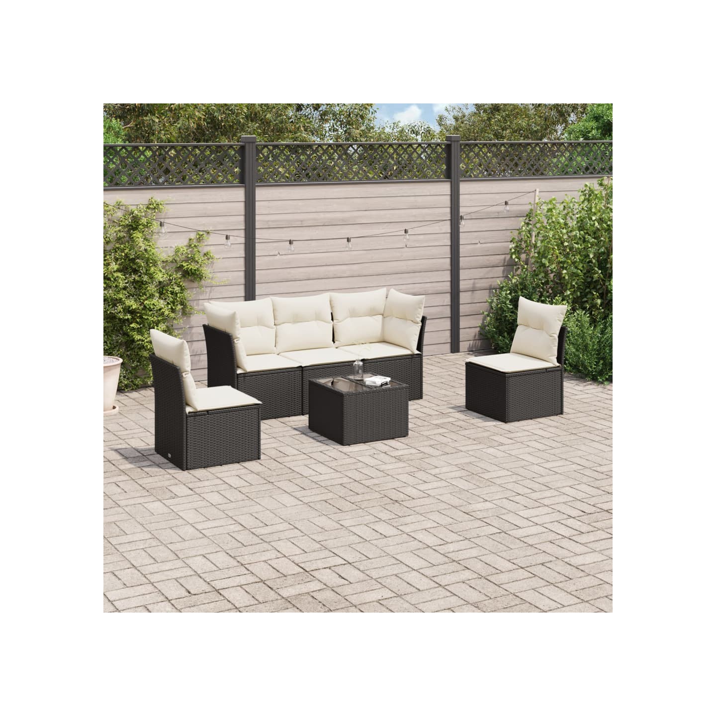 Salon de jardin 6 pcs avec coussins noir résine tressée