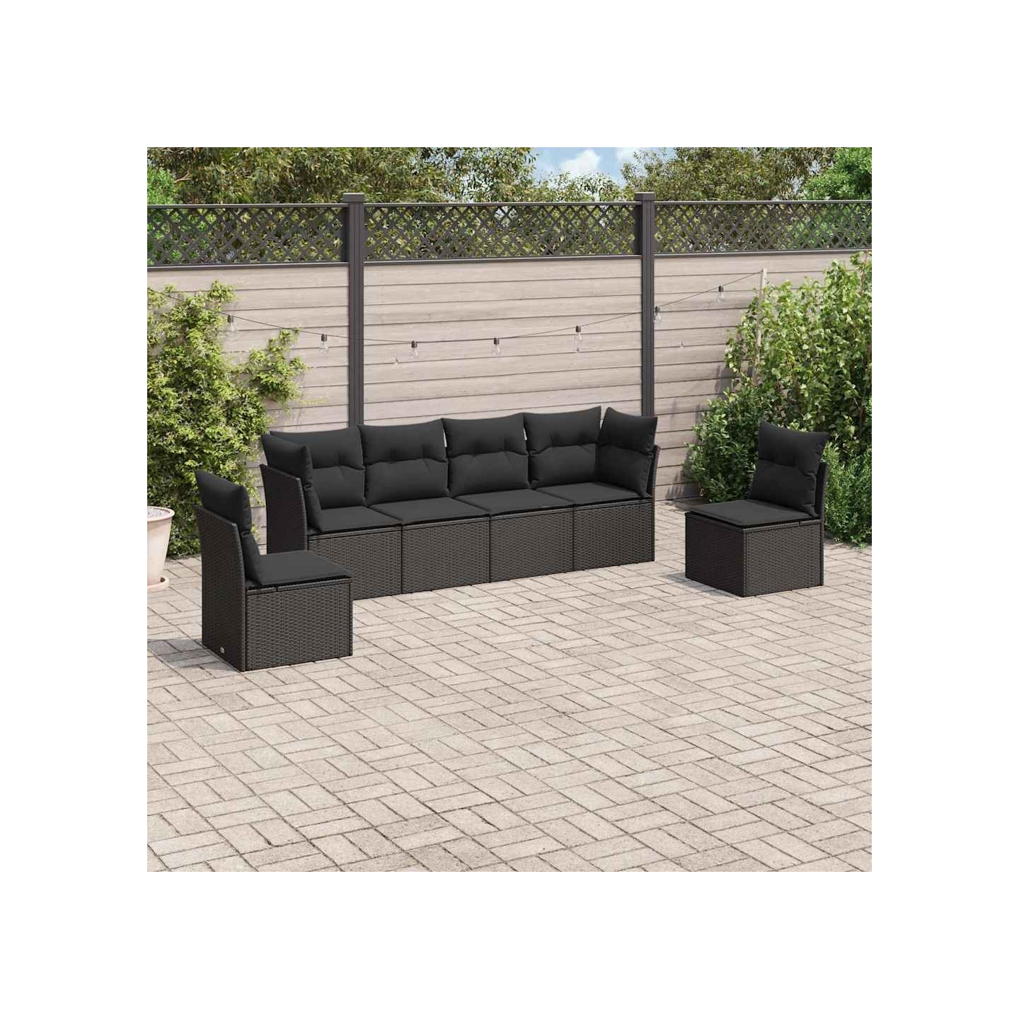 Salon de jardin 6 pcs avec coussins noir résine tressée