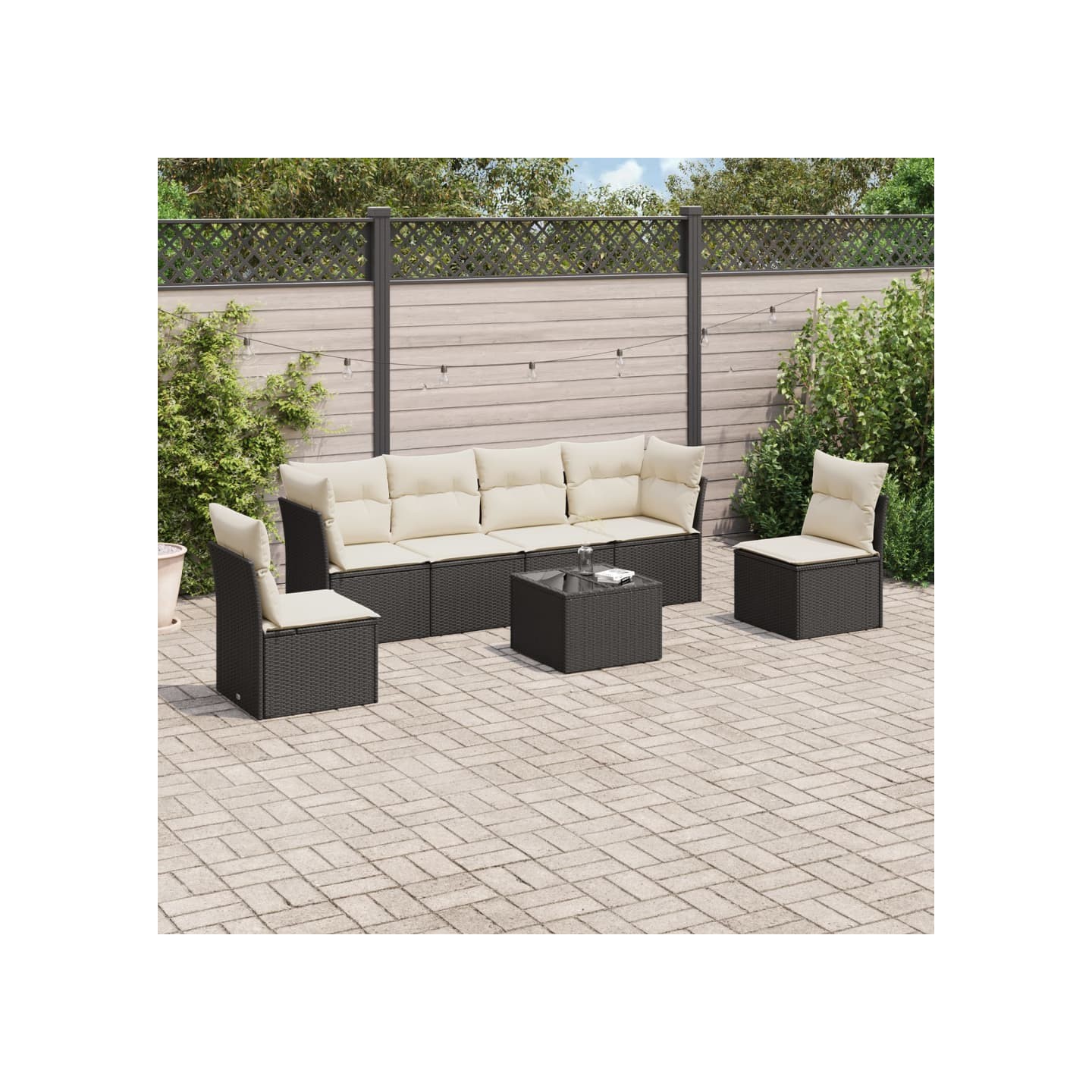 Salon de jardin 7 pcs avec coussins noir résine tressée