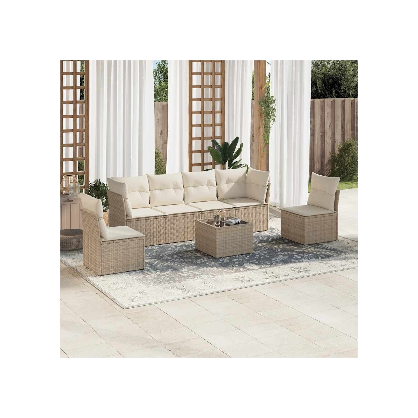 Salon de jardin avec coussins 7 pcs beige résine tressée