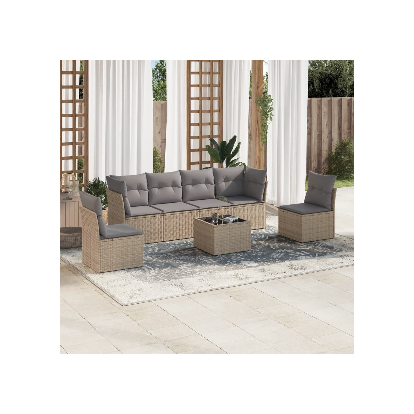 Salon de jardin avec coussins 7 pcs beige résine tressée