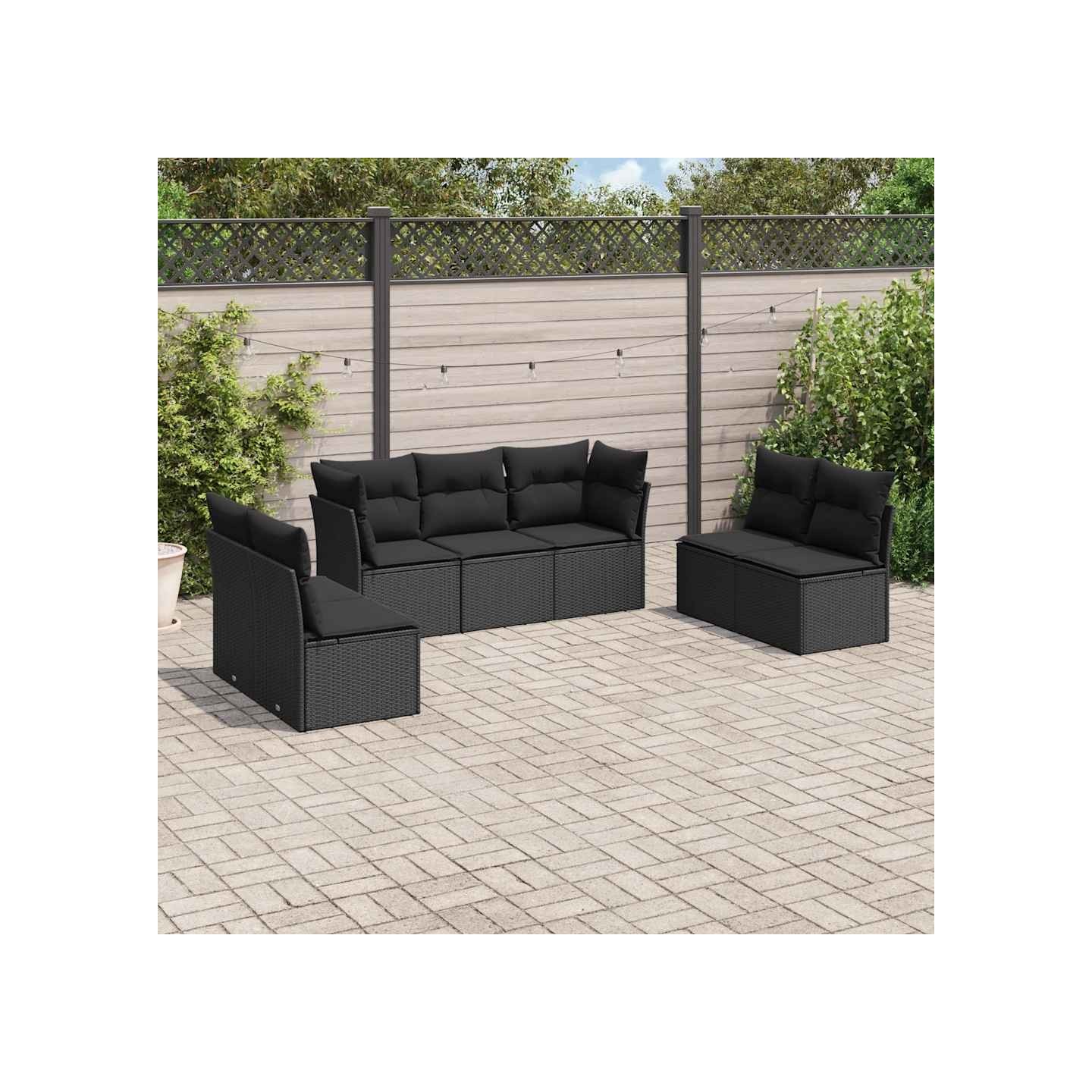 Salon de jardin 7 pcs avec coussins noir résine tressée