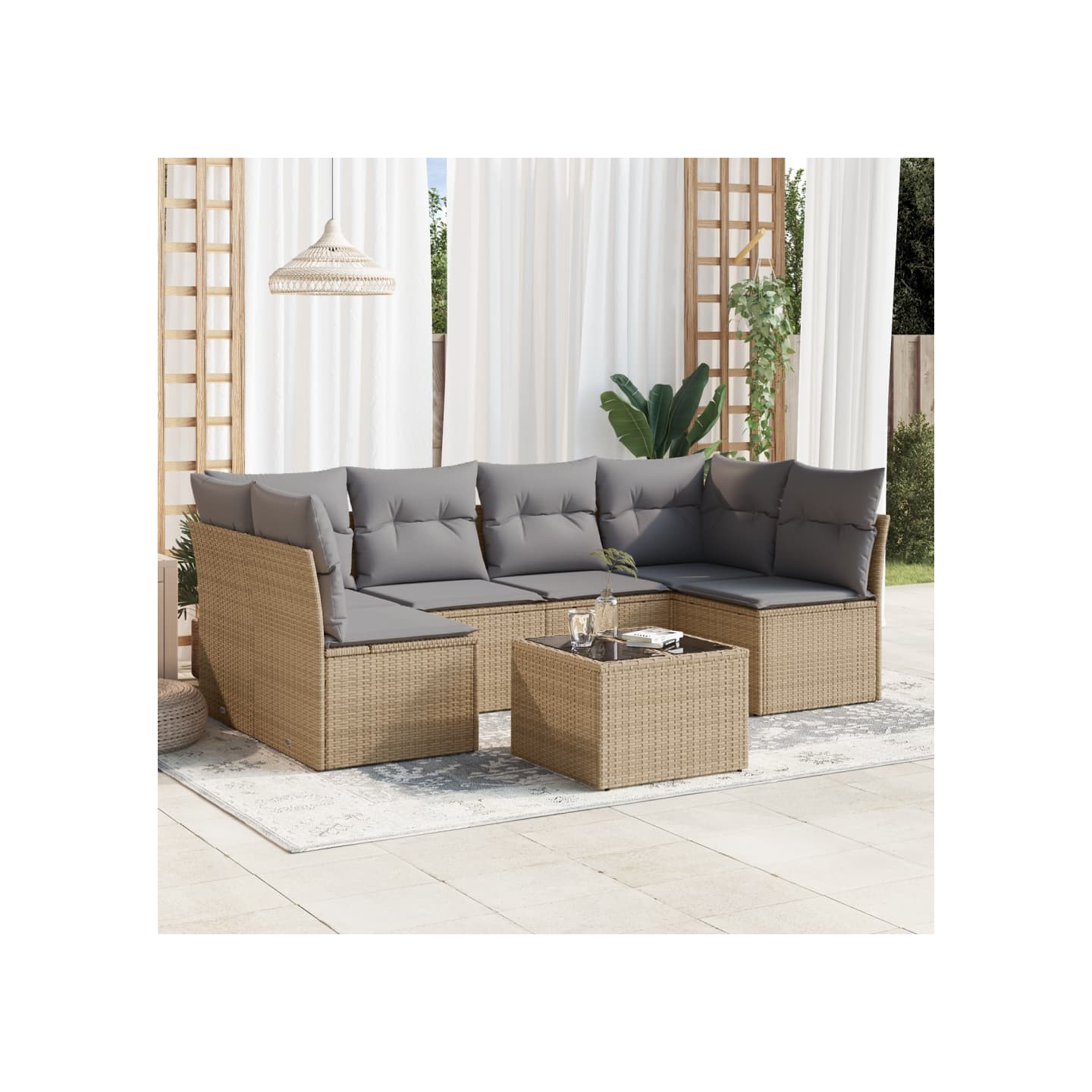 Salon de jardin avec coussins 7 pcs beige résine tressée