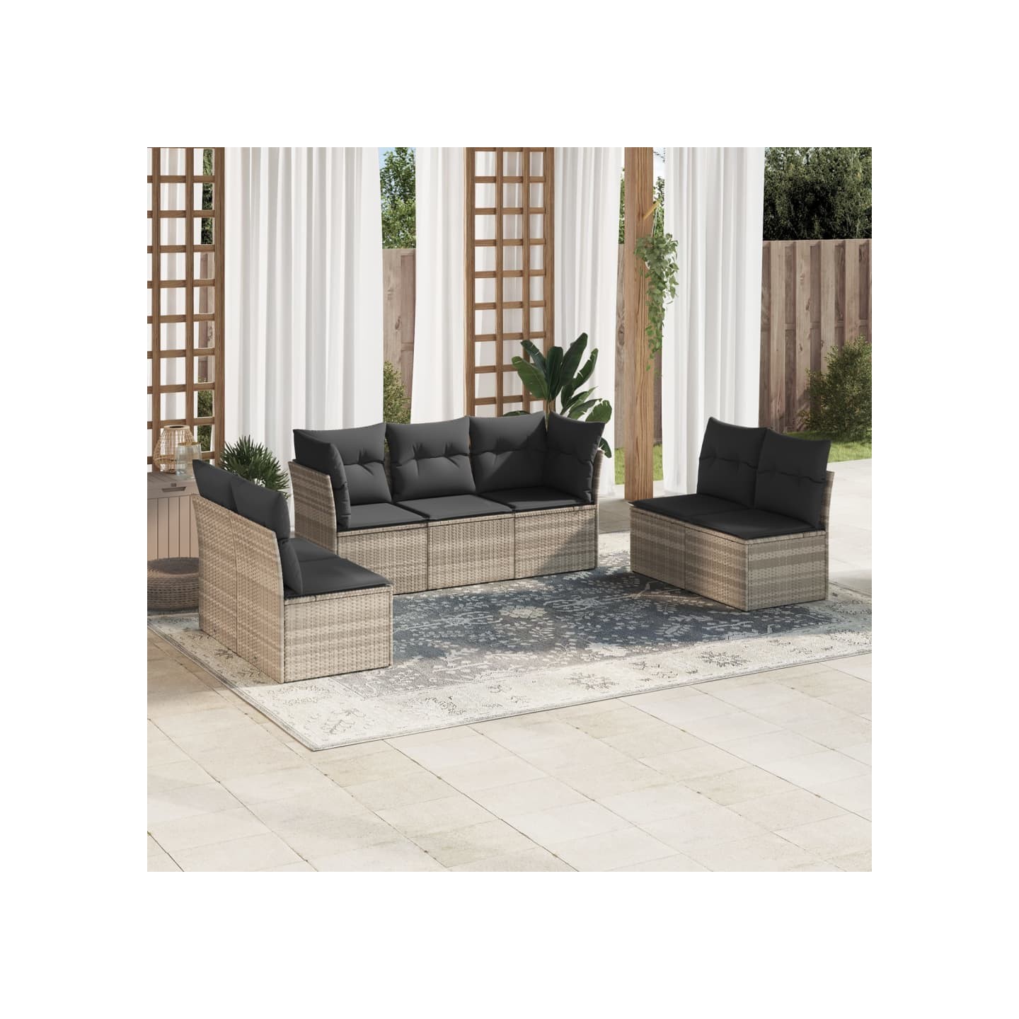 Salon de jardin avec coussins 7 pcs gris clair résine tressée