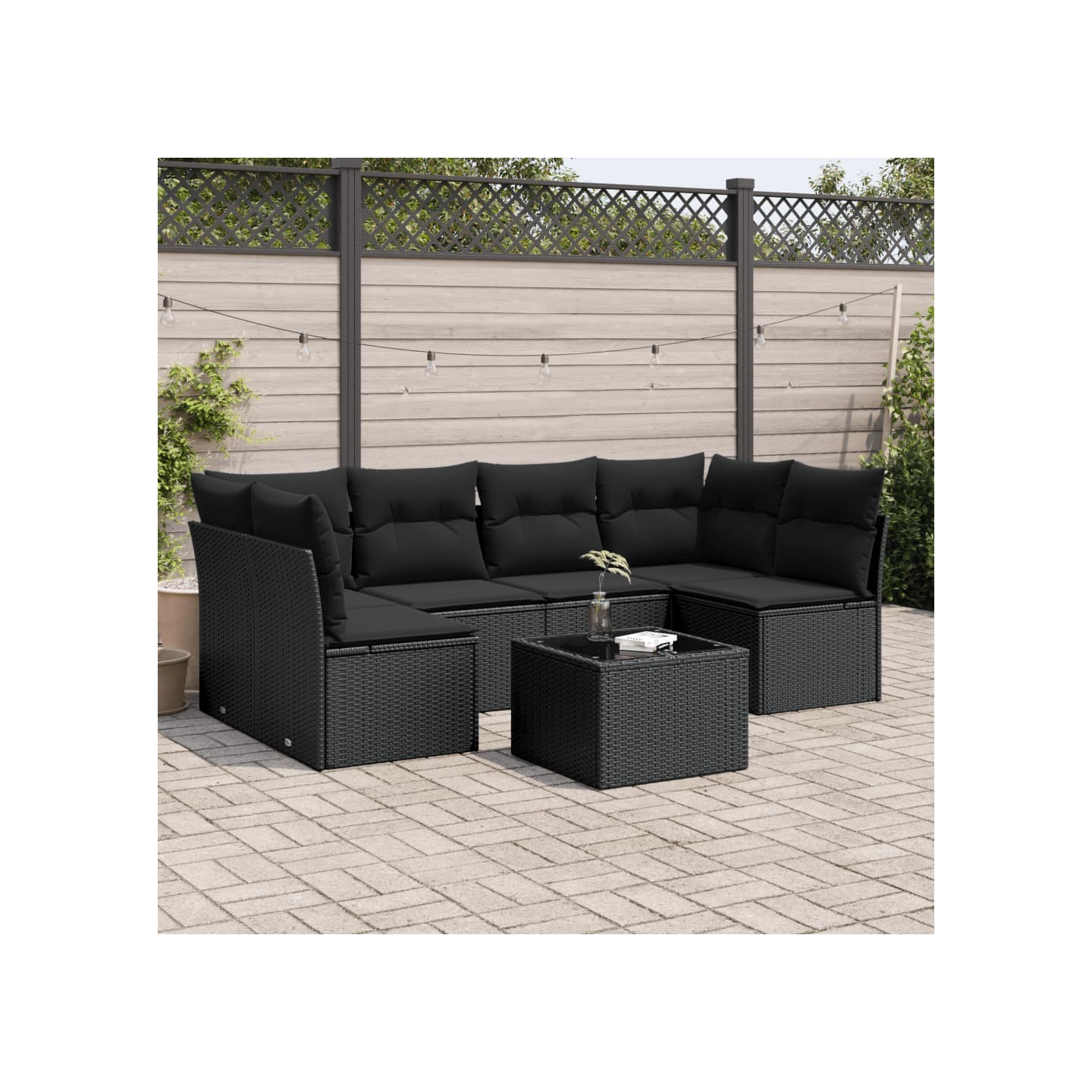 Salon de jardin 7 pcs avec coussins noir résine tressée