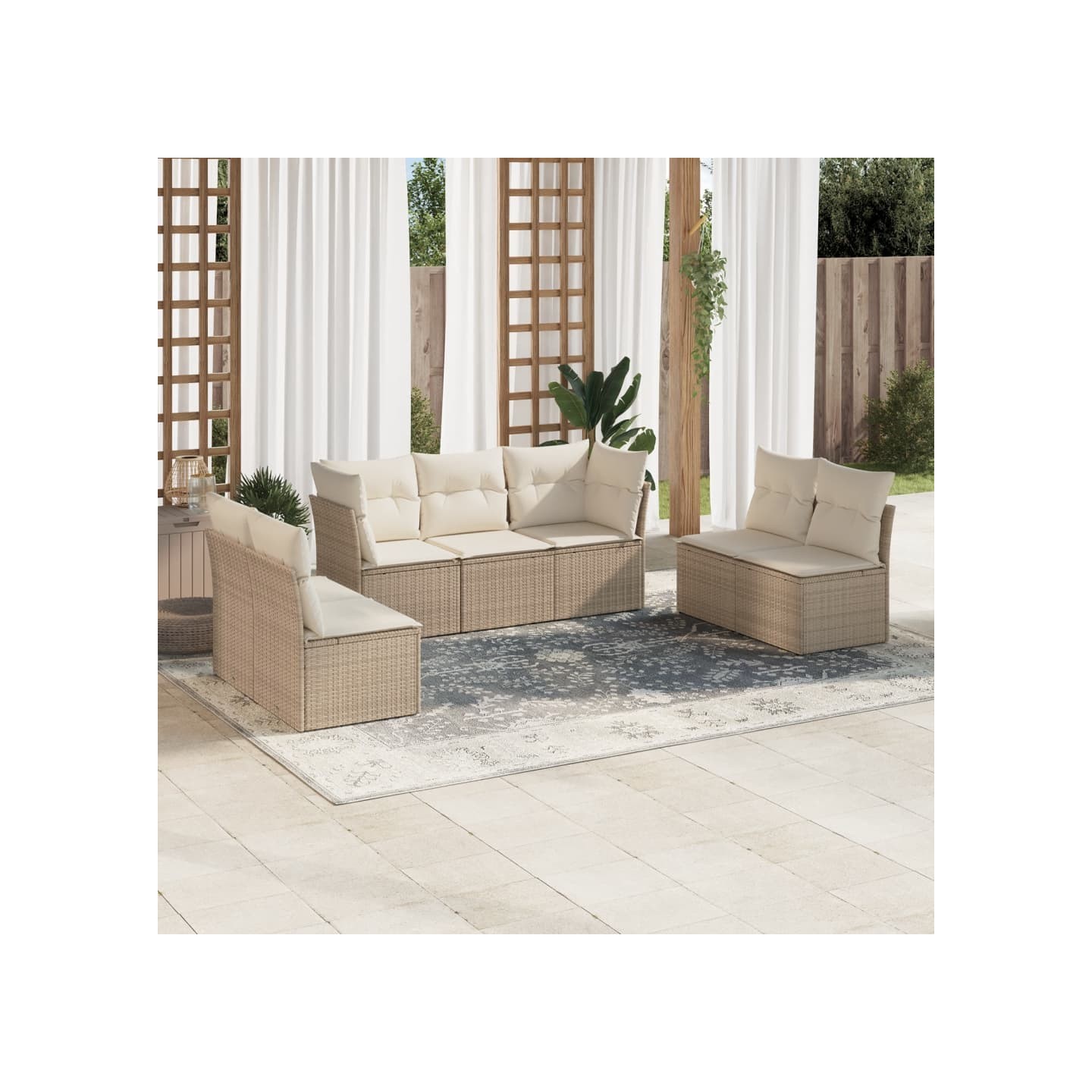 Salon de jardin avec coussins 7 pcs beige résine tressée