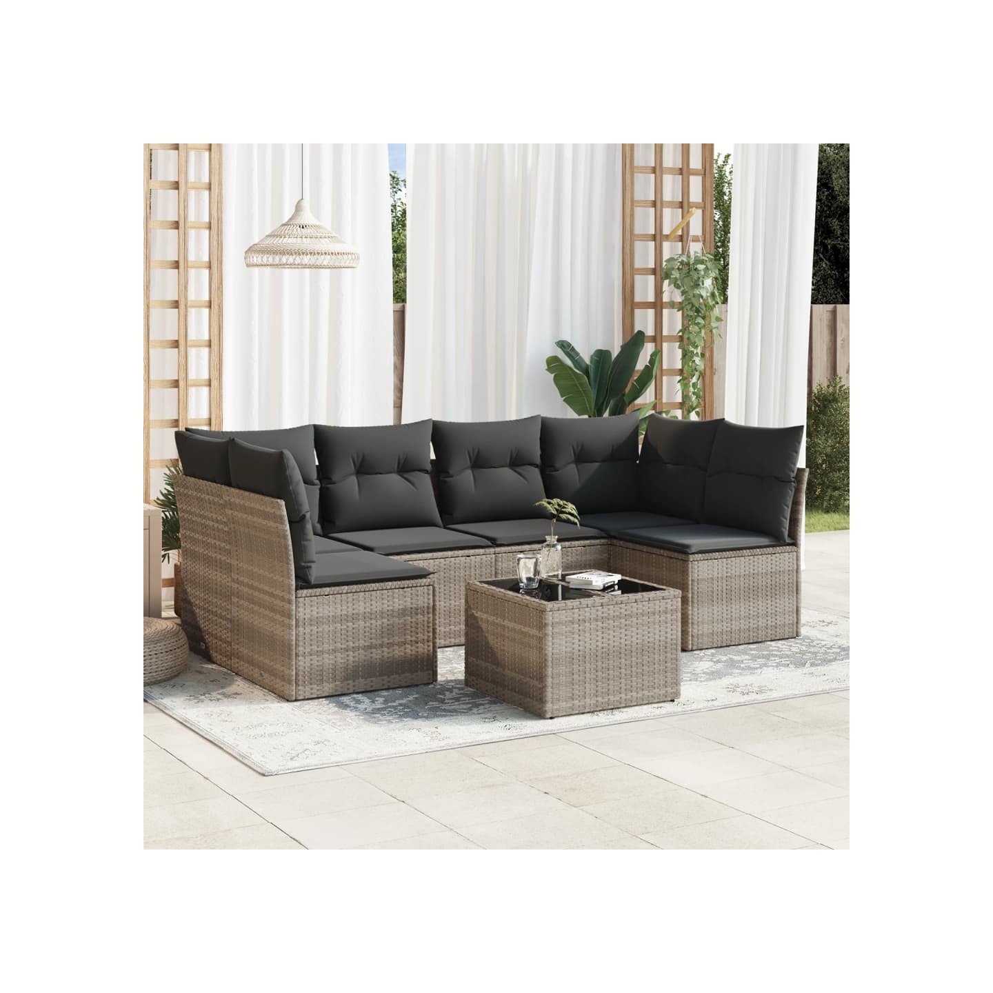 Salon de jardin avec coussins 7 pcs gris clair résine tressée