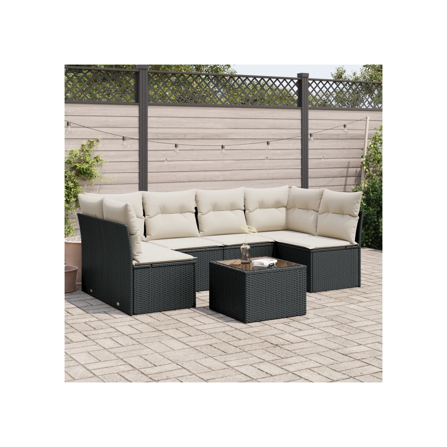 Salon de jardin 7 pcs avec coussins noir résine tressée