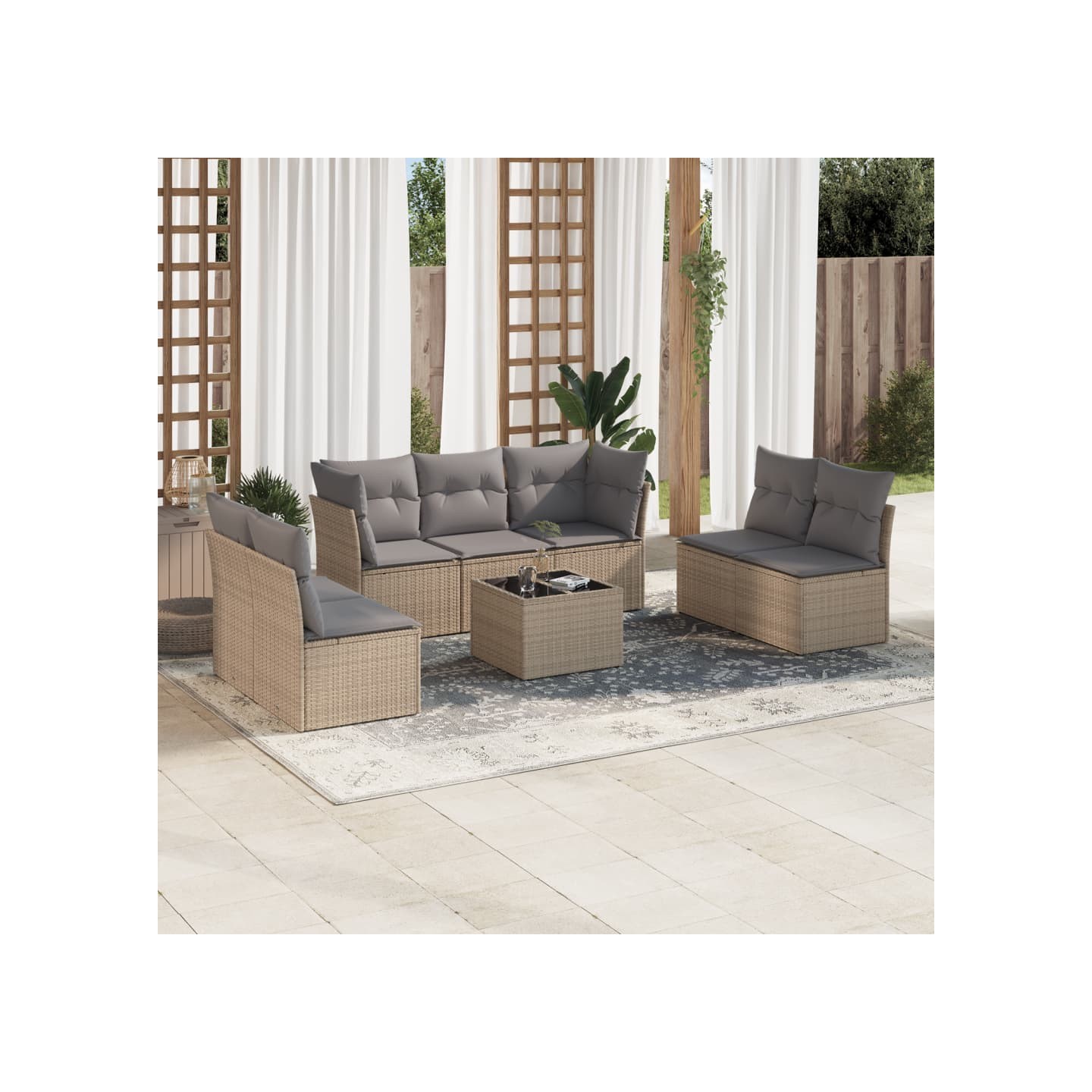 Salon de jardin avec coussins 8 pcs beige résine tressée