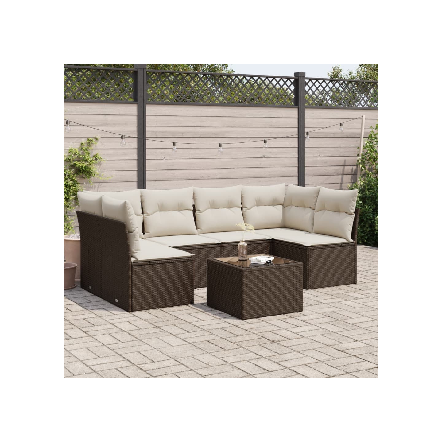 Salon de jardin avec coussins 7 pcs marron résine tressée