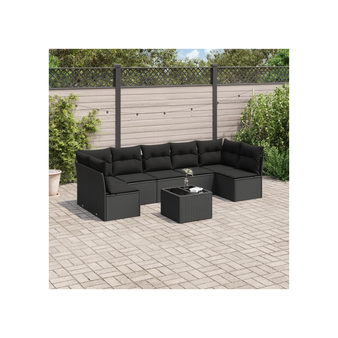 Salon de jardin 8 pcs avec coussins noir résine tressée