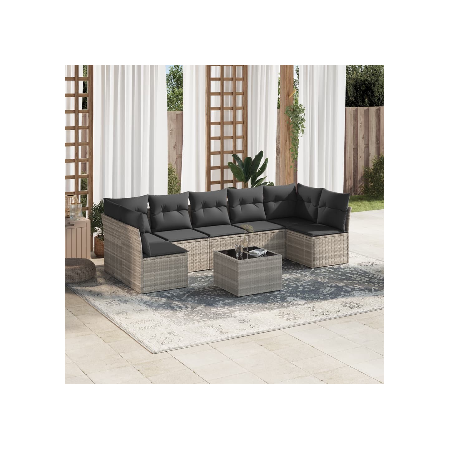 Salon de jardin 8 pcs avec coussins gris clair résine tressée