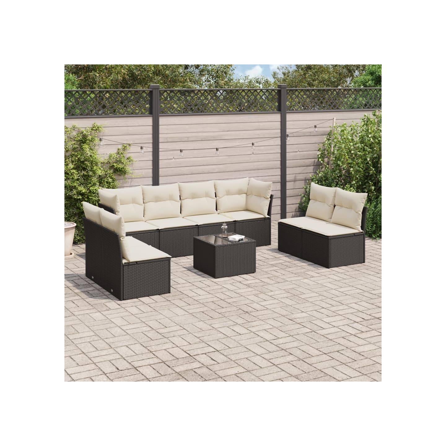Salon de jardin 9 pcs avec coussins noir résine tressée