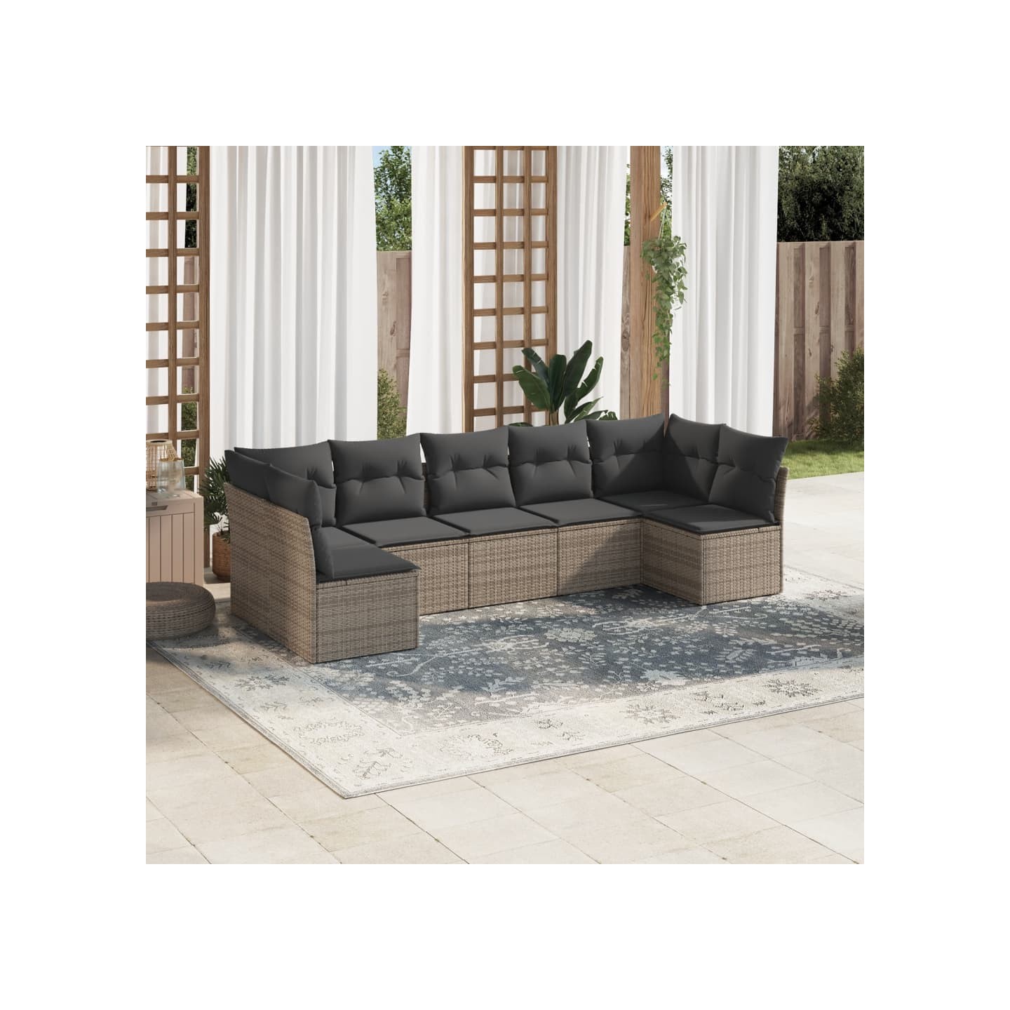 Salon de jardin avec coussins 7 pcs gris résine tressée