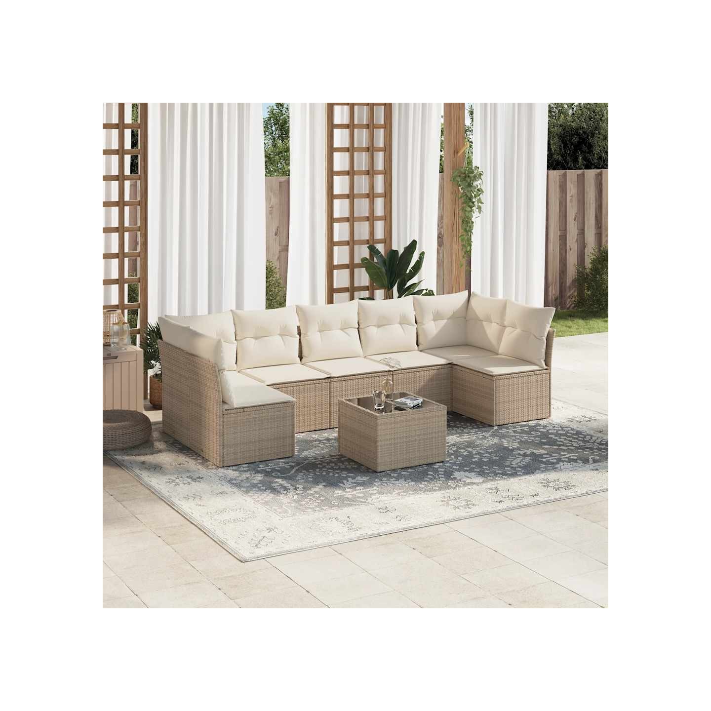 Salon de jardin avec coussins 8 pcs beige résine tressée