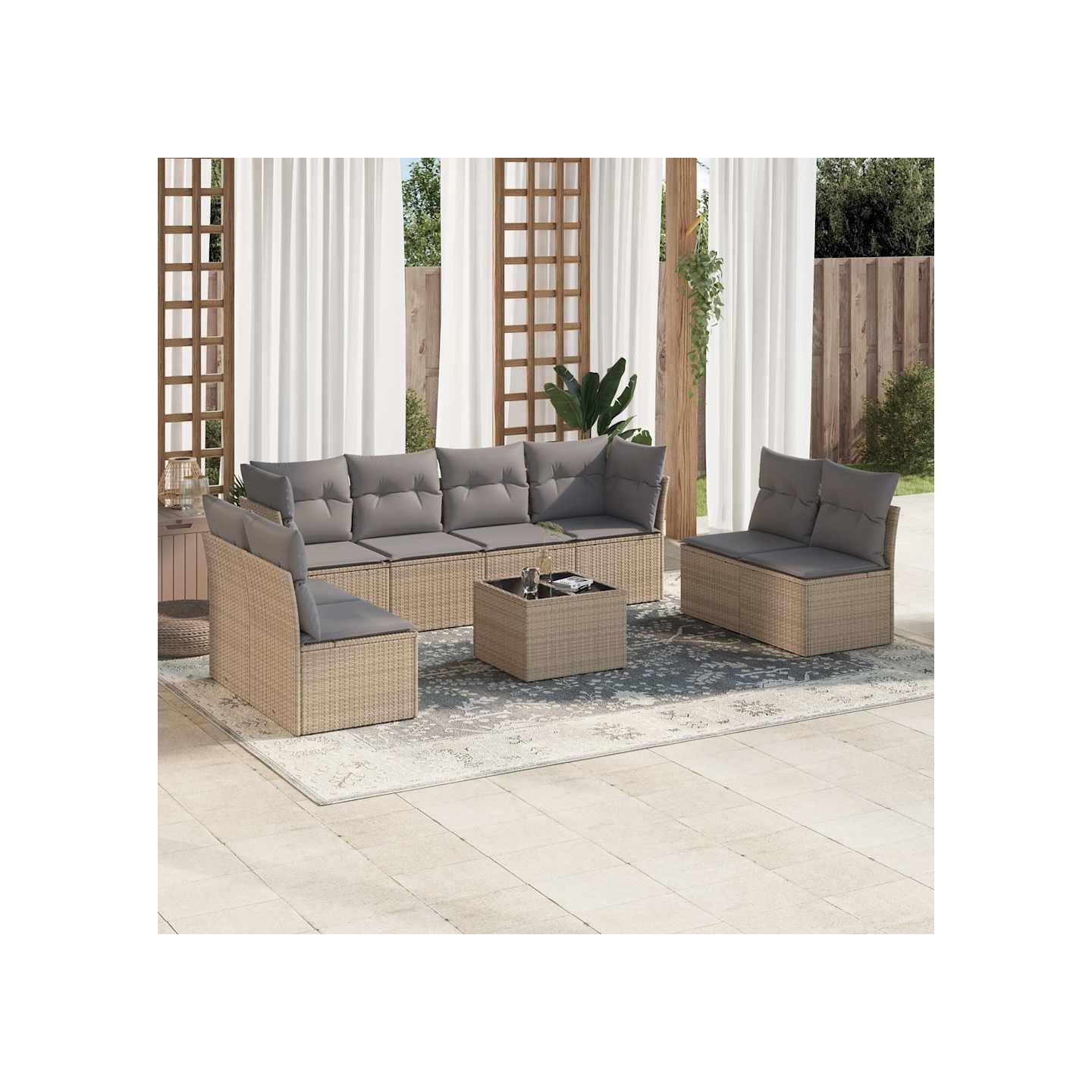 Salon de jardin avec coussins 9 pcs beige résine tressée