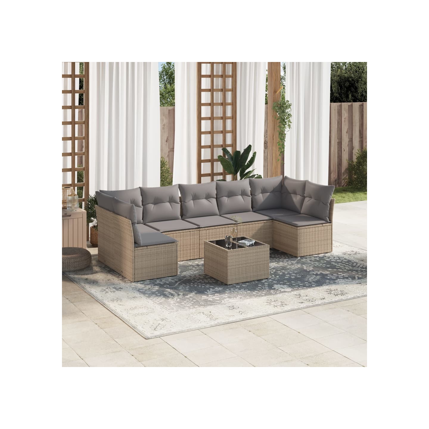 Salon de jardin avec coussins 8 pcs beige résine tressée