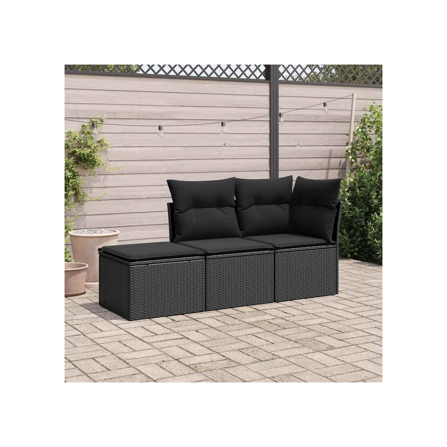 Salon de jardin 3 pcs avec coussins noir résine tressée