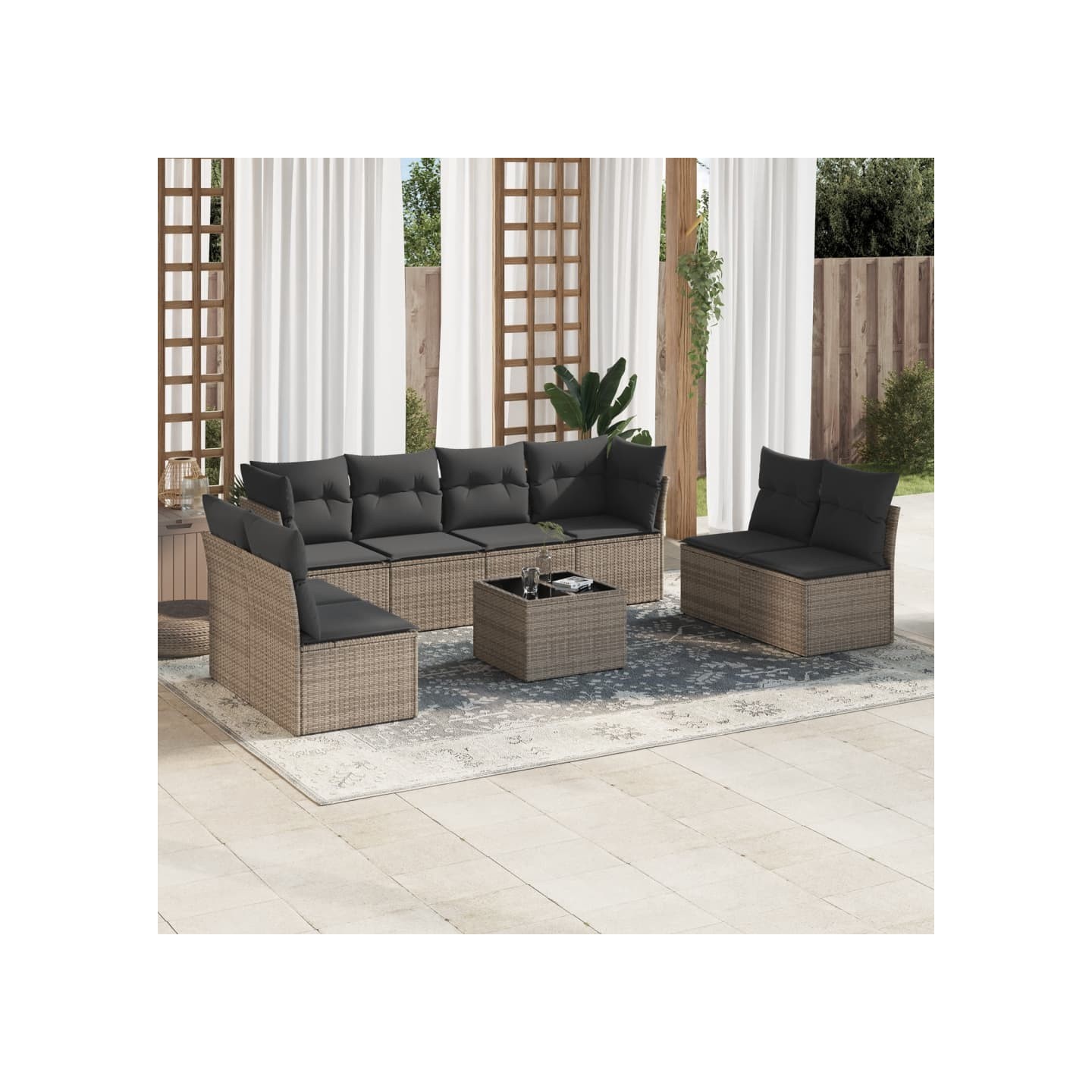 Salon de jardin 9 pcs avec coussins gris résine tressée