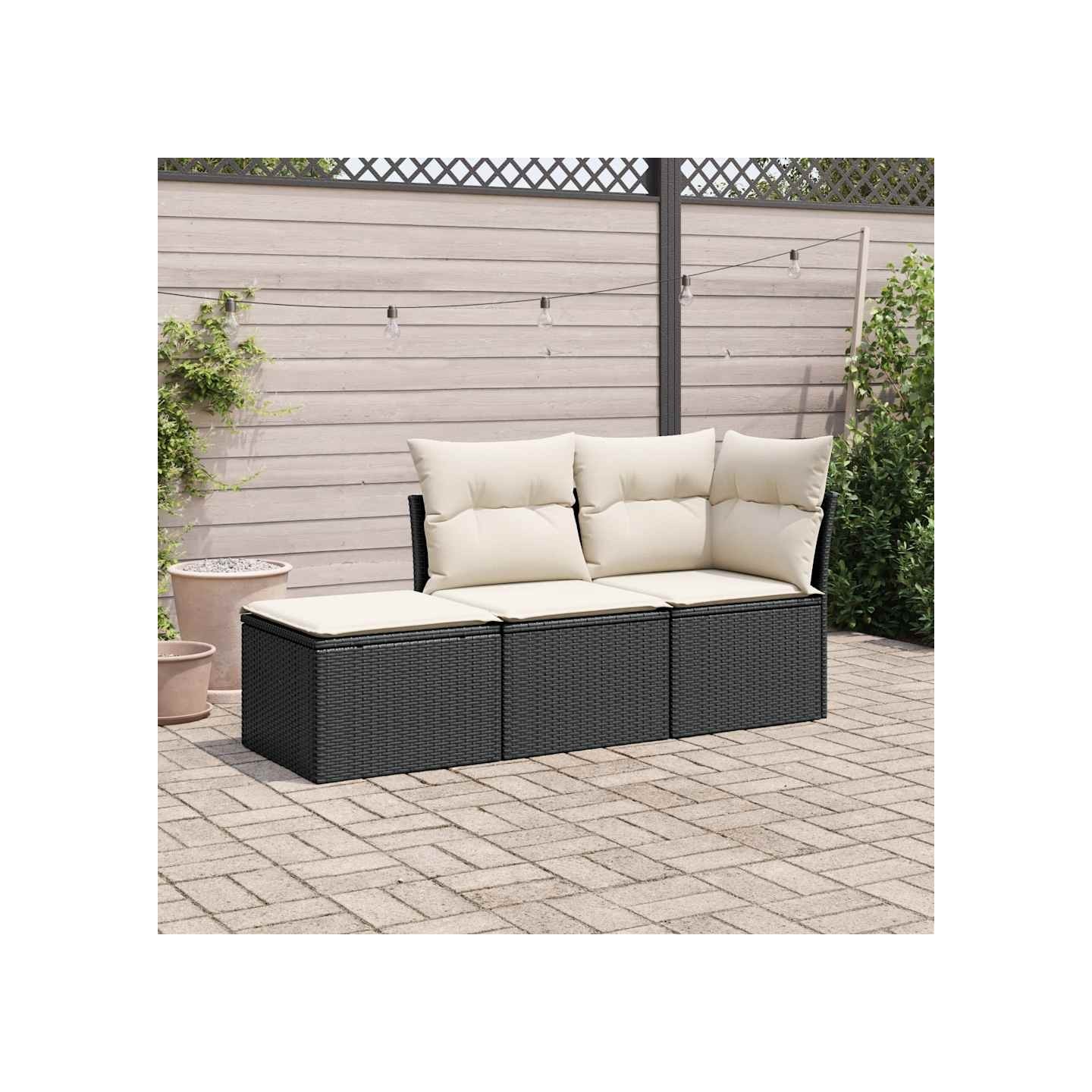 Salon de jardin 3 pcs avec coussins noir résine tressée