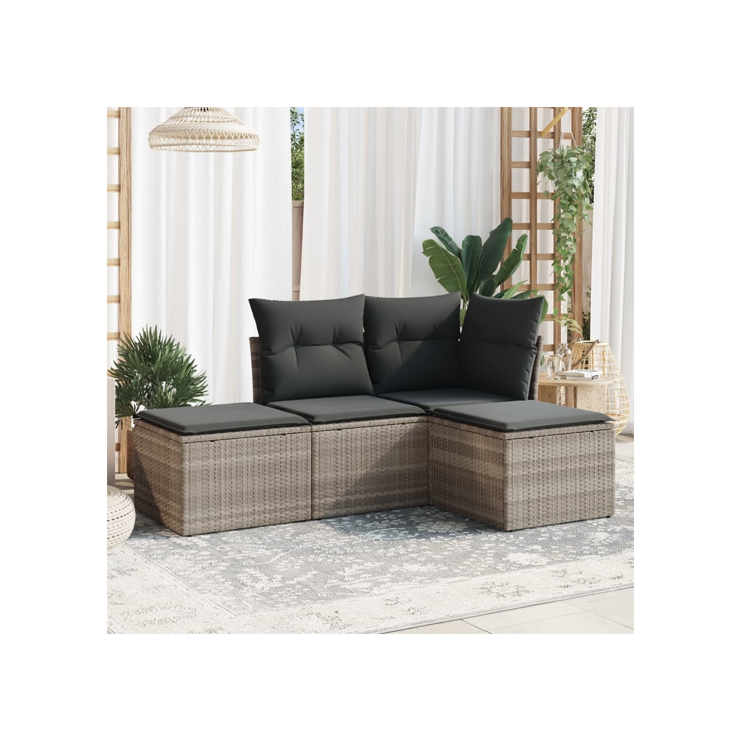Salon de jardin 4 pcs avec coussins gris clair résine tressée