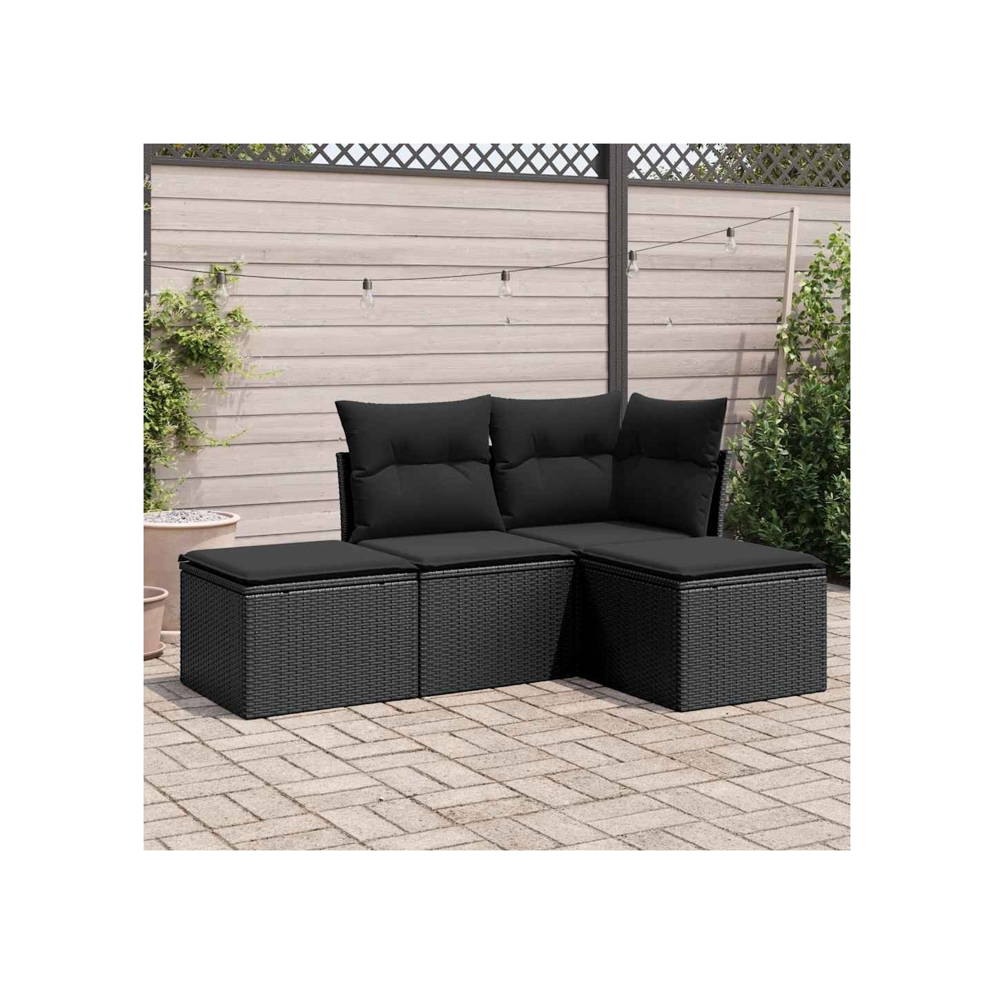 Salon de jardin 4 pcs avec coussins noir résine tressée