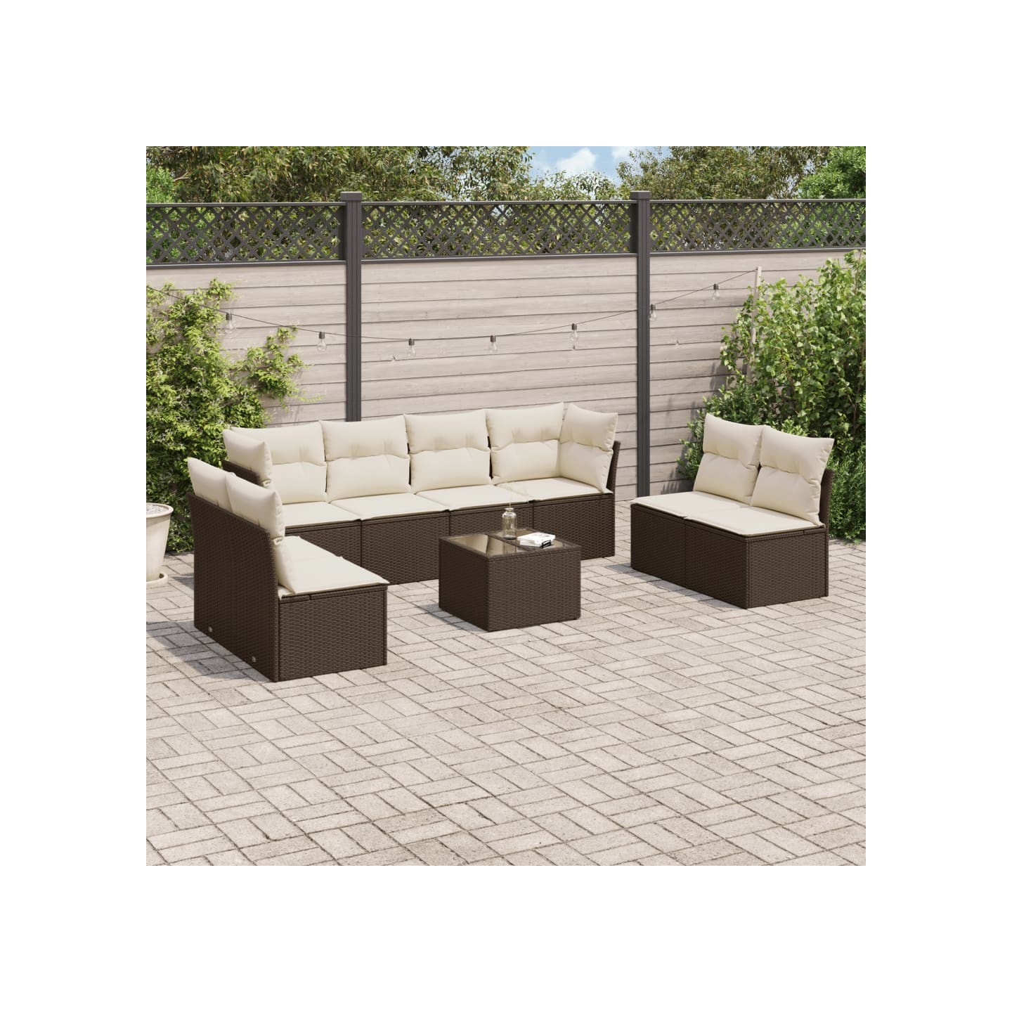 Salon de jardin avec coussins 9 pcs marron résine tressée