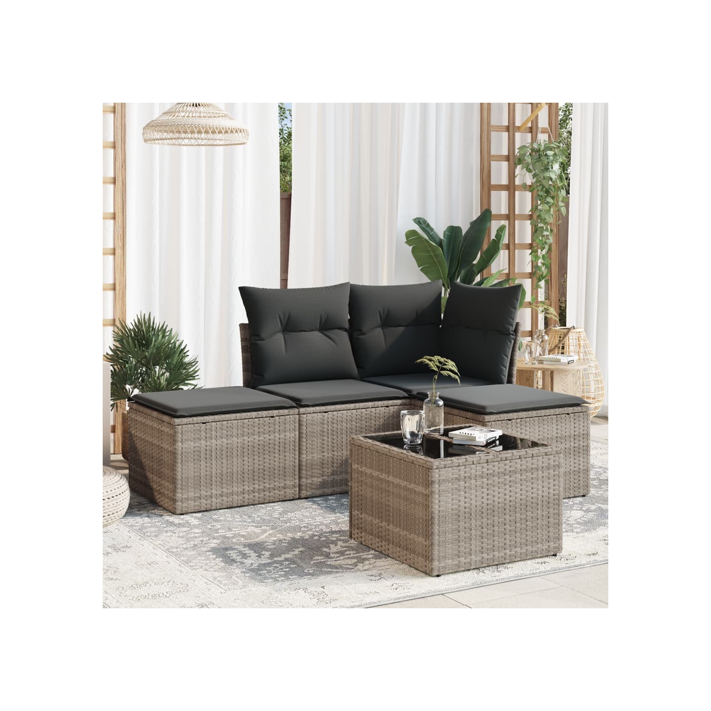 Salon de jardin 5 pcs avec coussins gris clair résine tressée