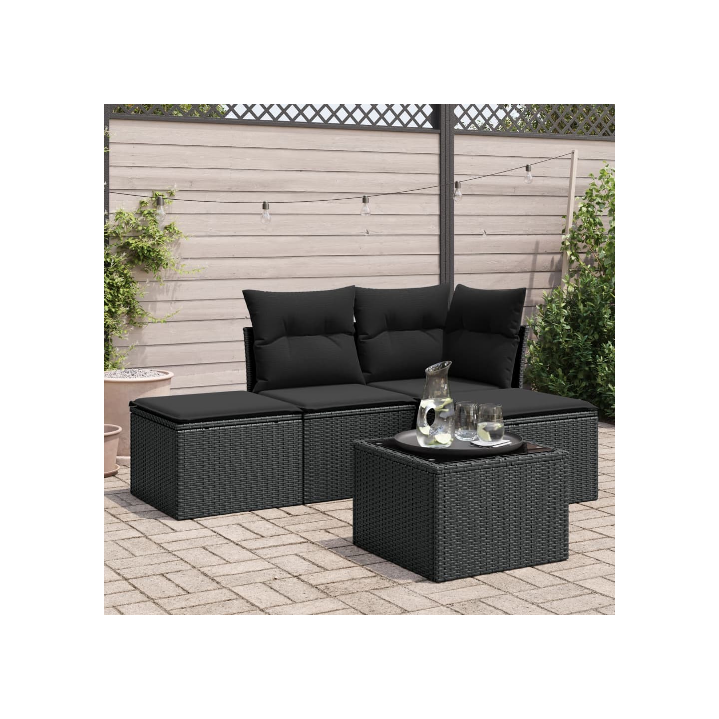 Salon de jardin 5 pcs avec coussins noir résine tressée