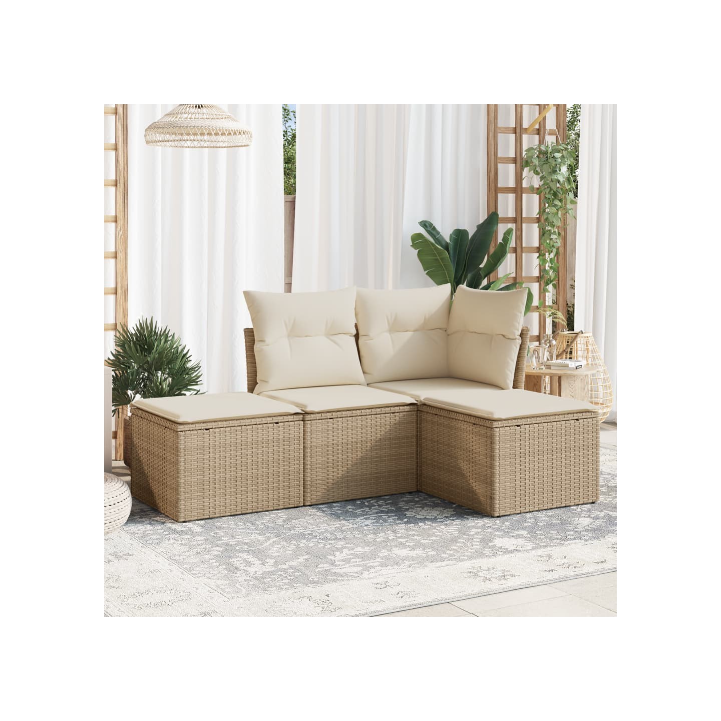 Salon de jardin avec coussins 4 pcs beige résine tressée