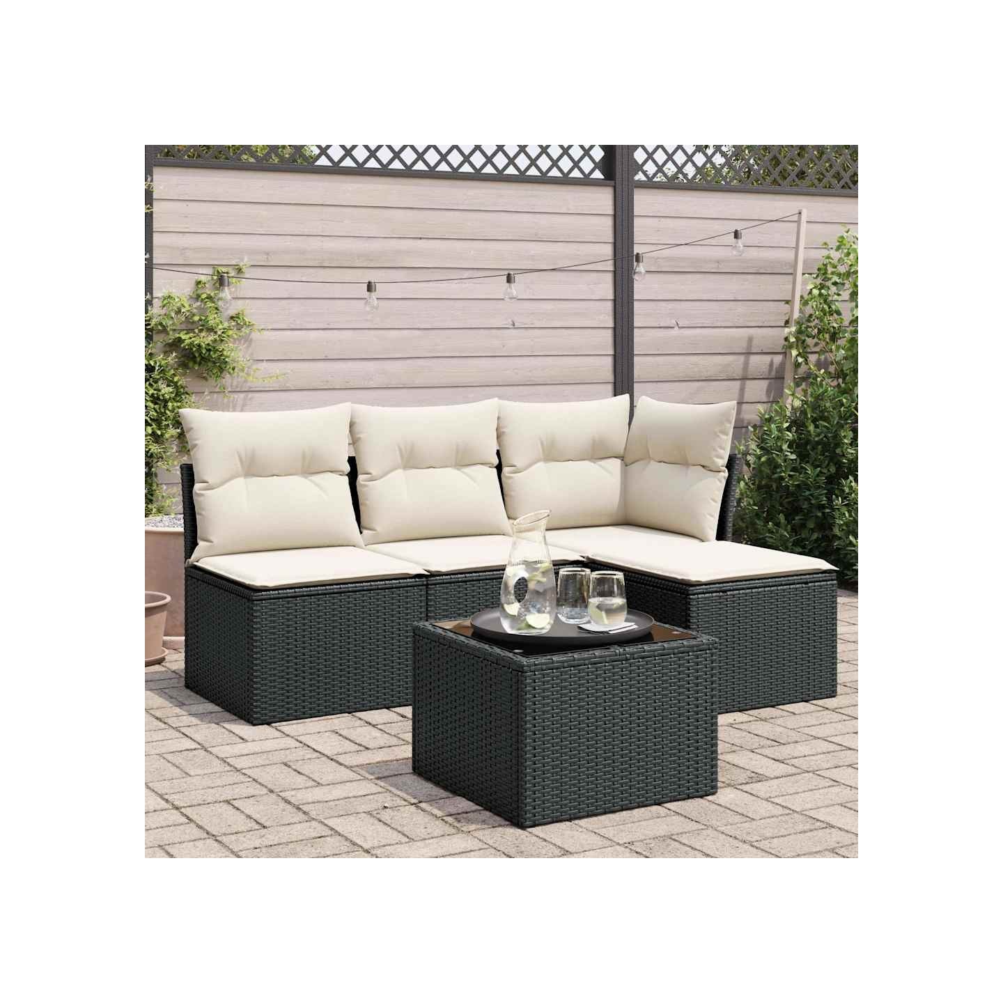 Salon de jardin 5 pcs avec coussins noir résine tressée