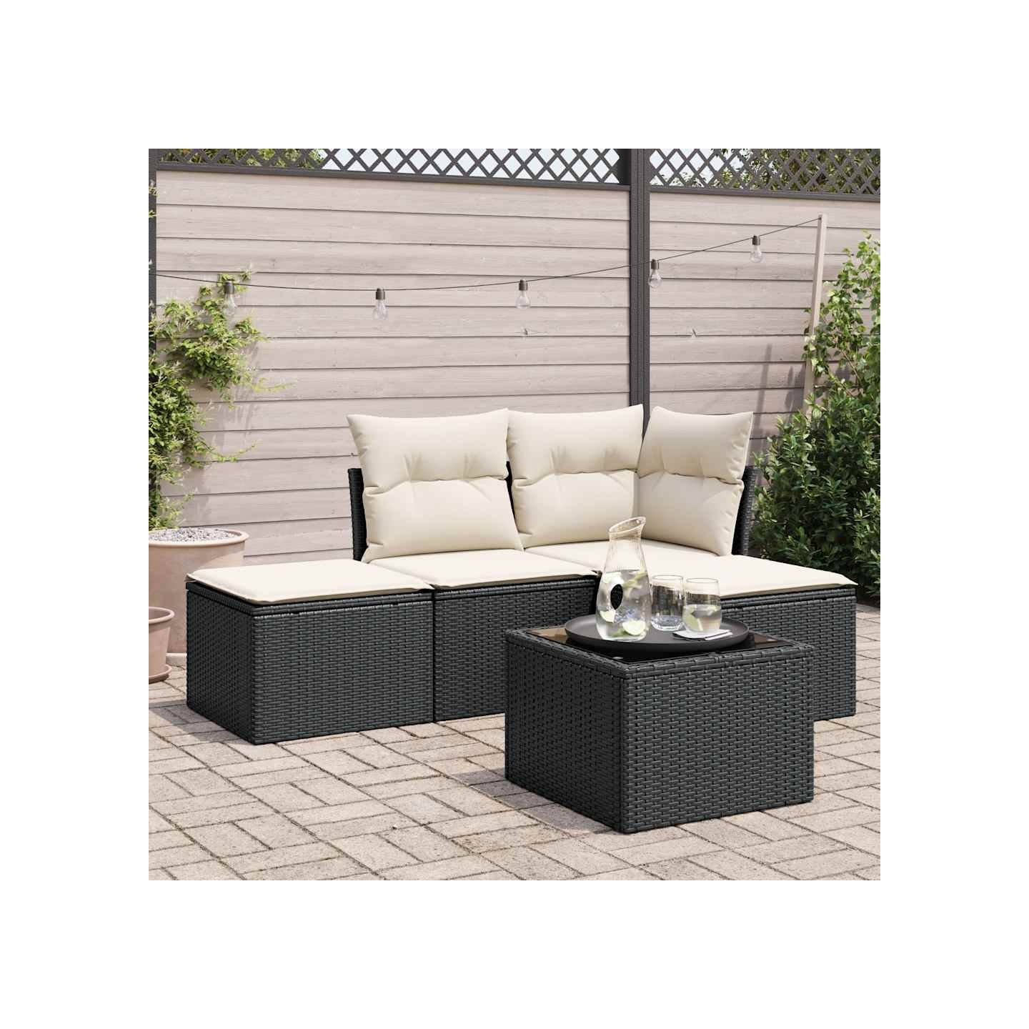 Salon de jardin 5 pcs avec coussins noir résine tressée