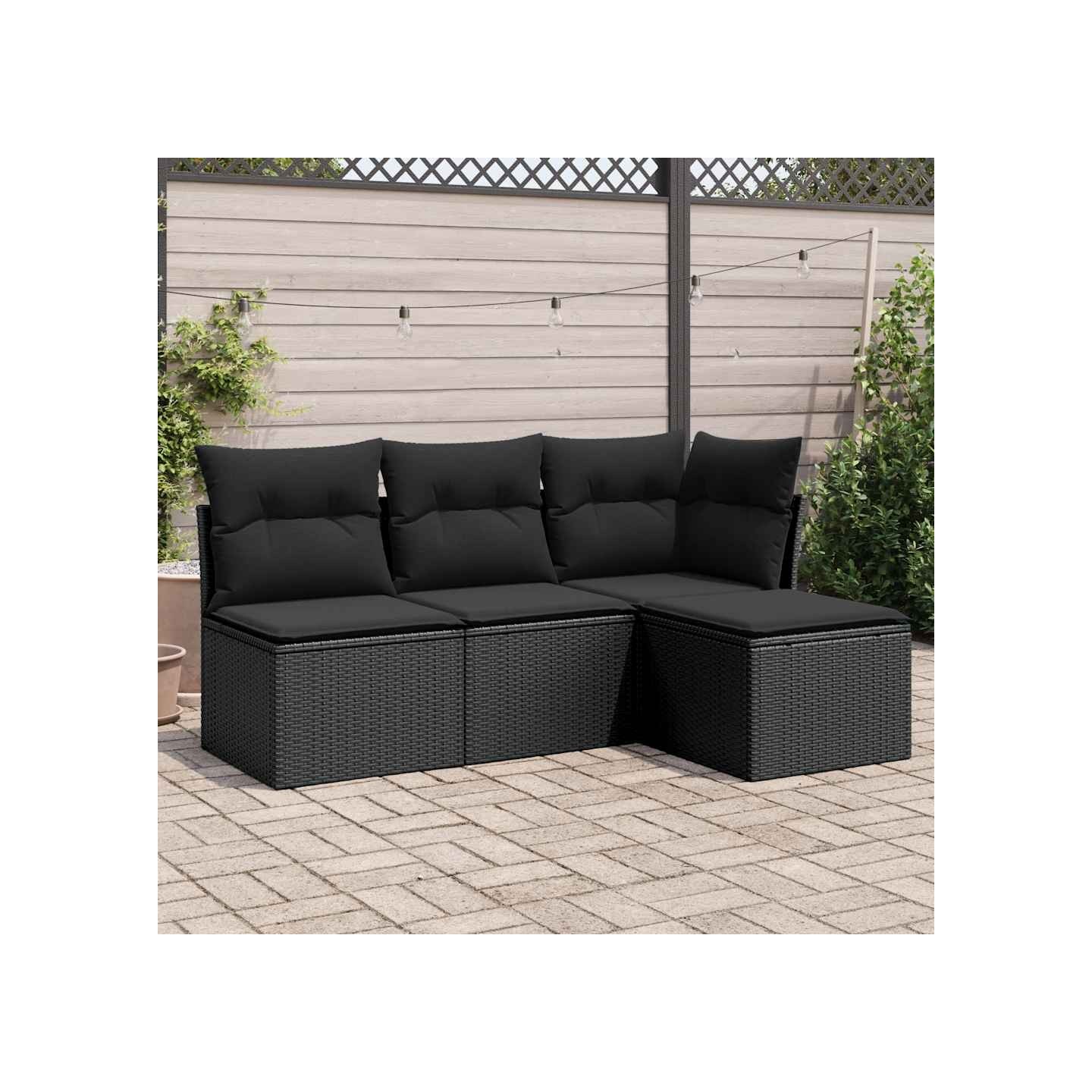 Salon de jardin 4 pcs avec coussins noir résine tressée